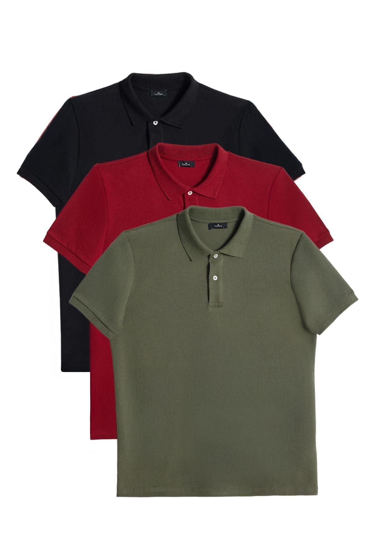 Tudors Erkek 3'lü Paket Siyah-Bordo-Haki Slim Fit Dar Kesim Pamuklu Düz Pike Polo Yaka Tişört
