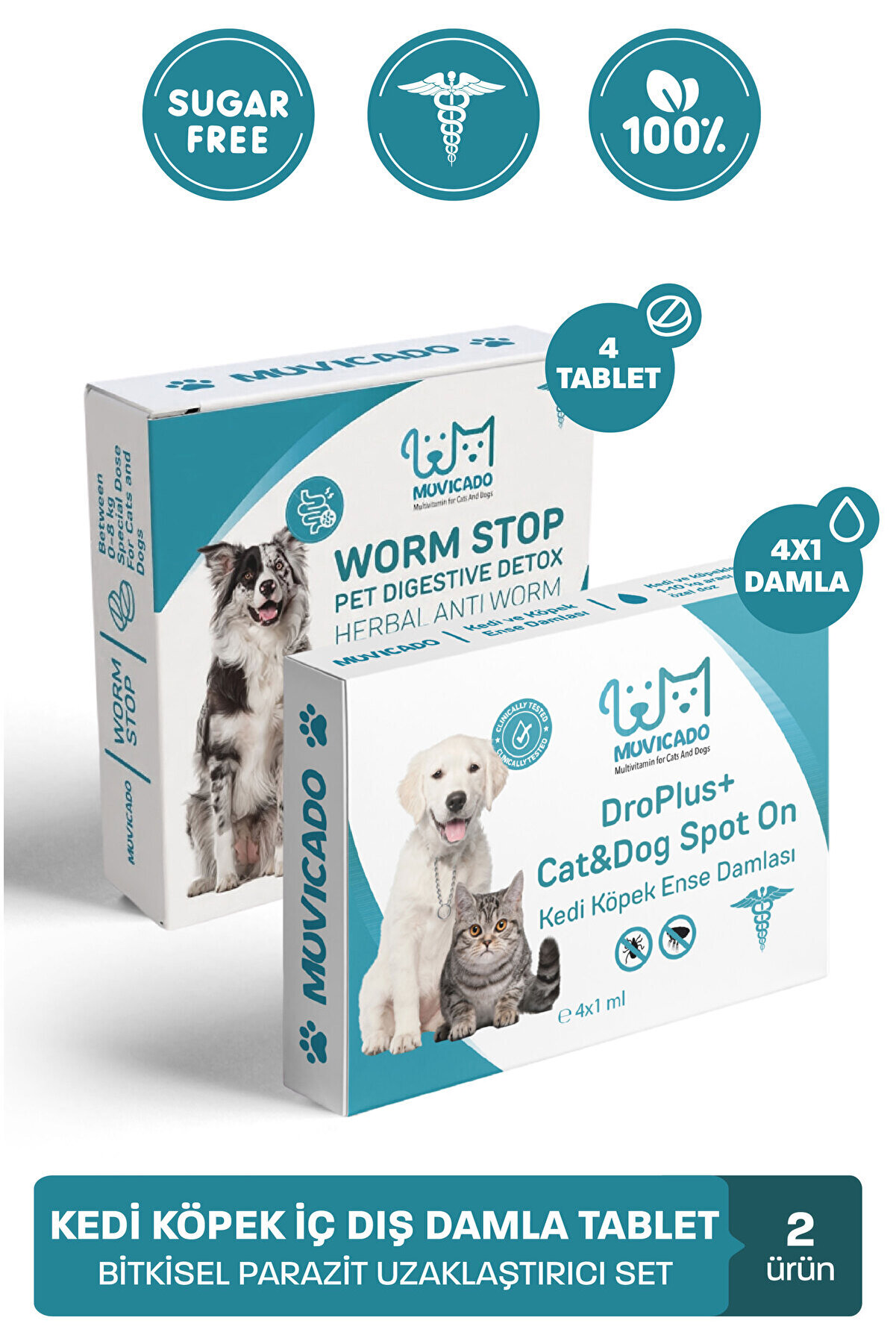 muvicado Kedi Köpek İç Dış Anti Parazit Uzaklaştırıcı Bitkisel Damla Ödül Tablet Seti