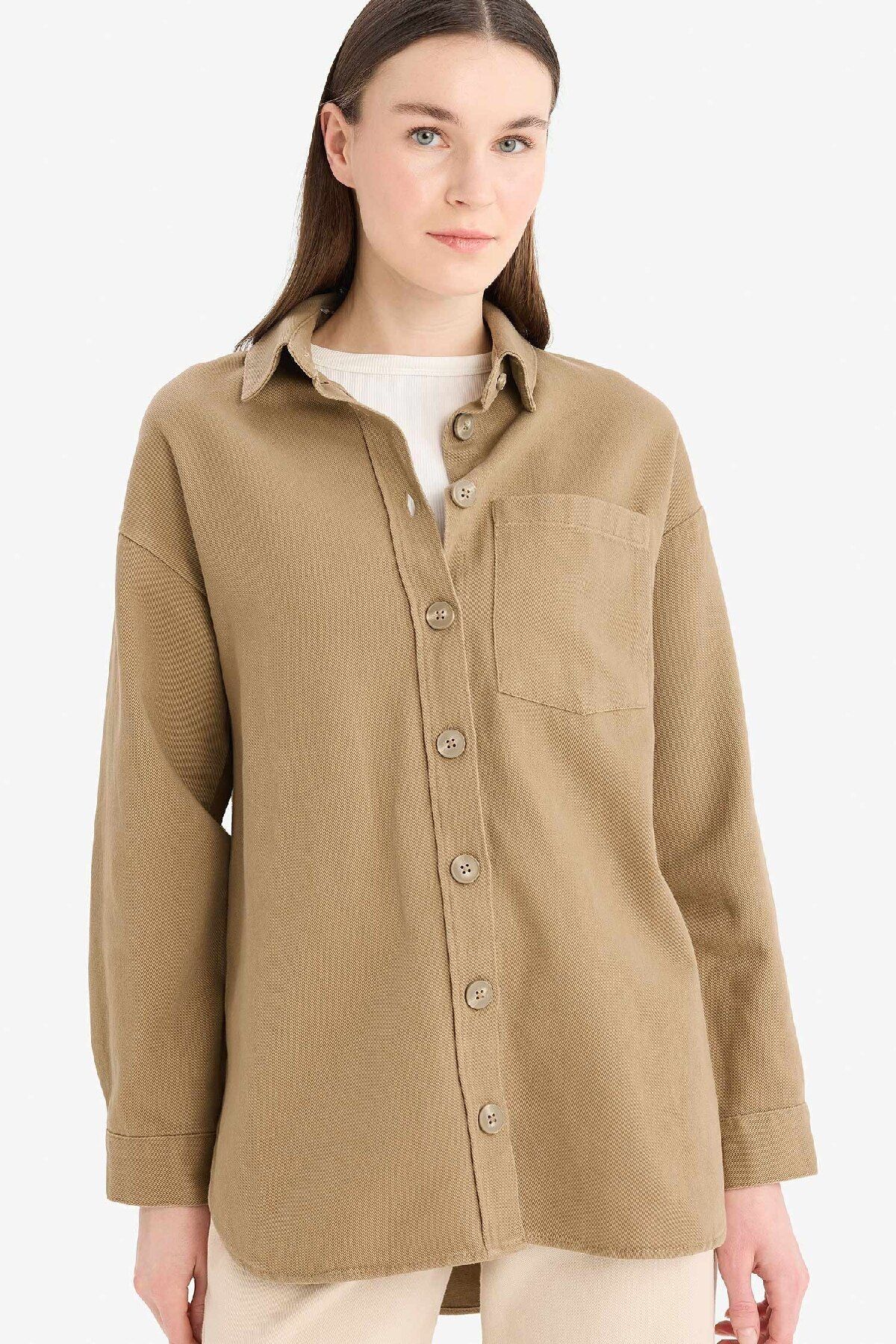 Defacto Relax Fit Basic Düz Gabardin Uzun Kollu Gömlek Tunik A6474AX25SP