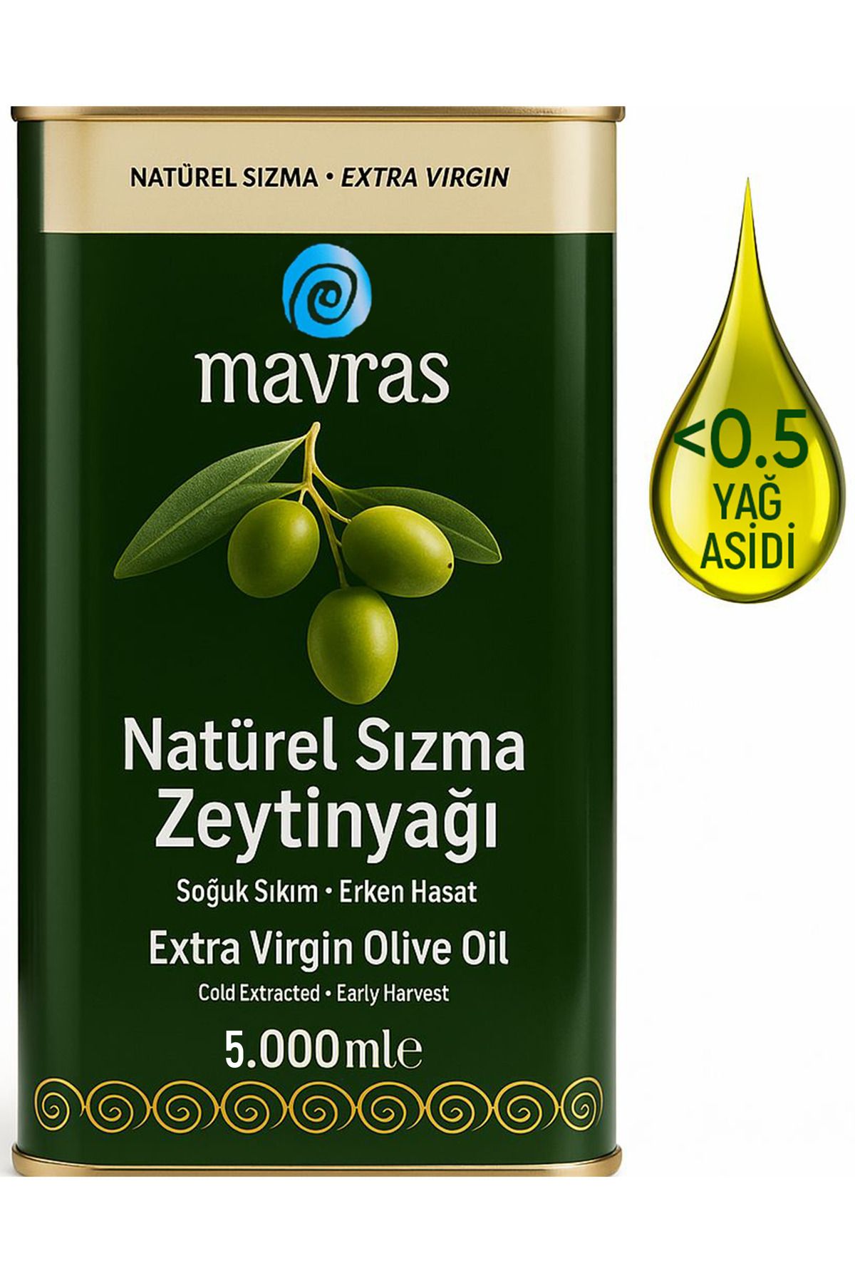 mavras Natürel Sızma Zeytinyağı 5 Lt – Soğuk Sıkım, Erken Hasat