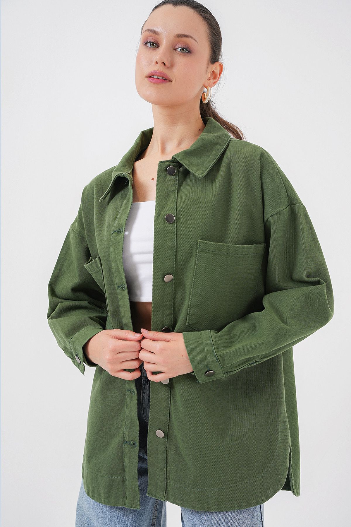Bigdart 20192 Oversize Gabardin Gömlek Ceket - Haki