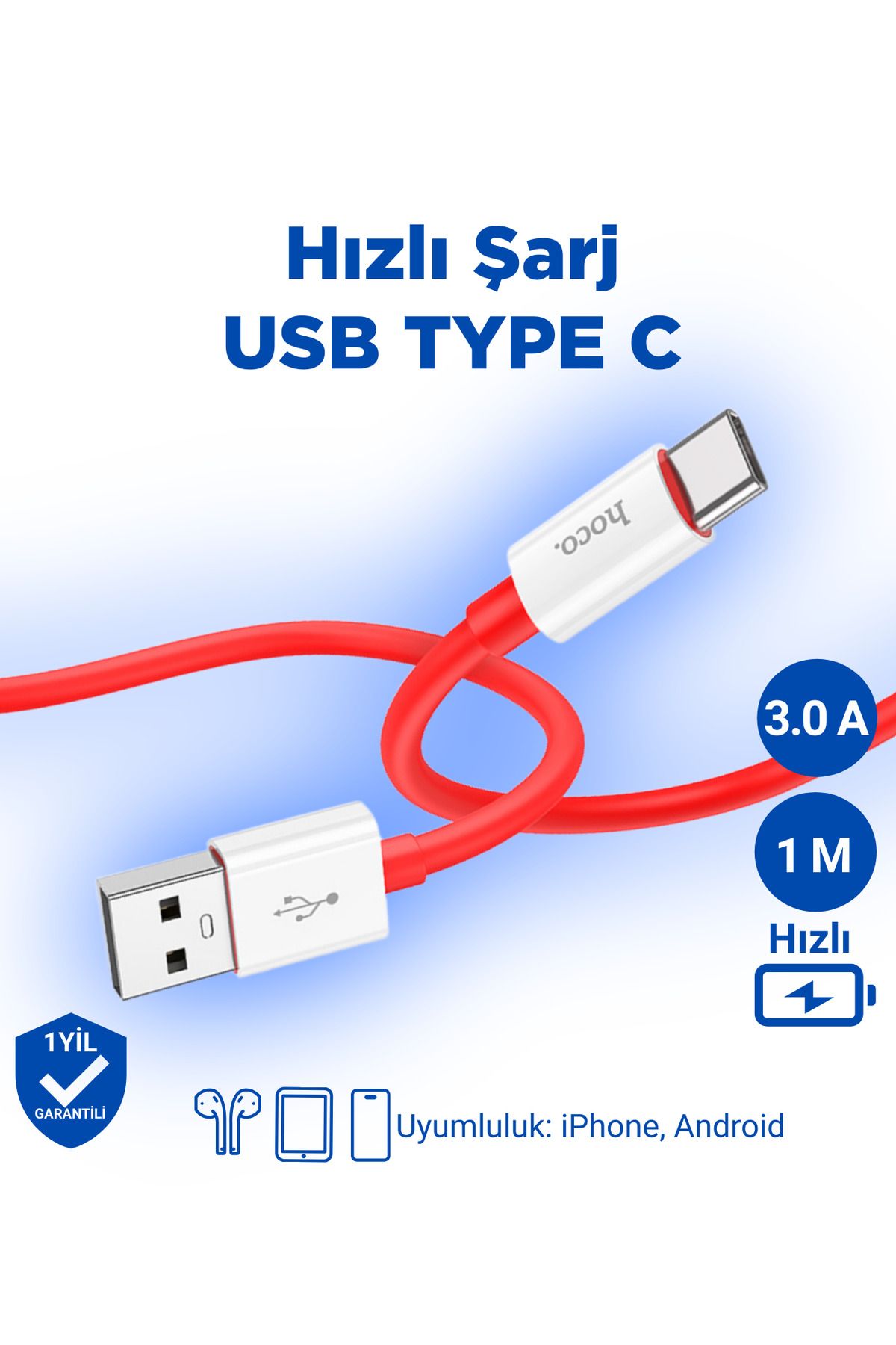 Hoco X87 3a Type-c To Usb Iphone Android Uyumlu Hızlı Şarj Veri Kablosu Kırmızı 1 Metre