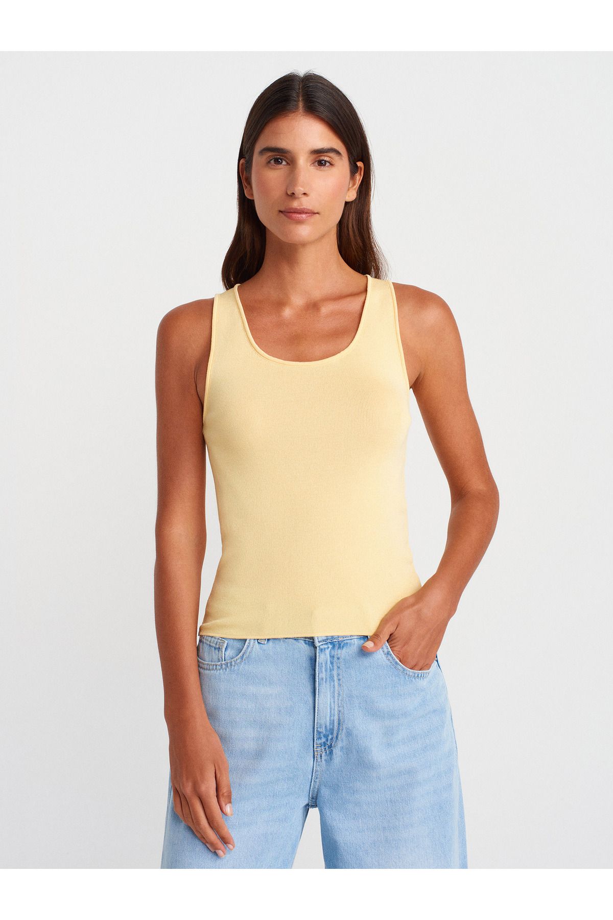 Dilvin 10746 Kalın Askılı Basic Triko Bluz-Sarı