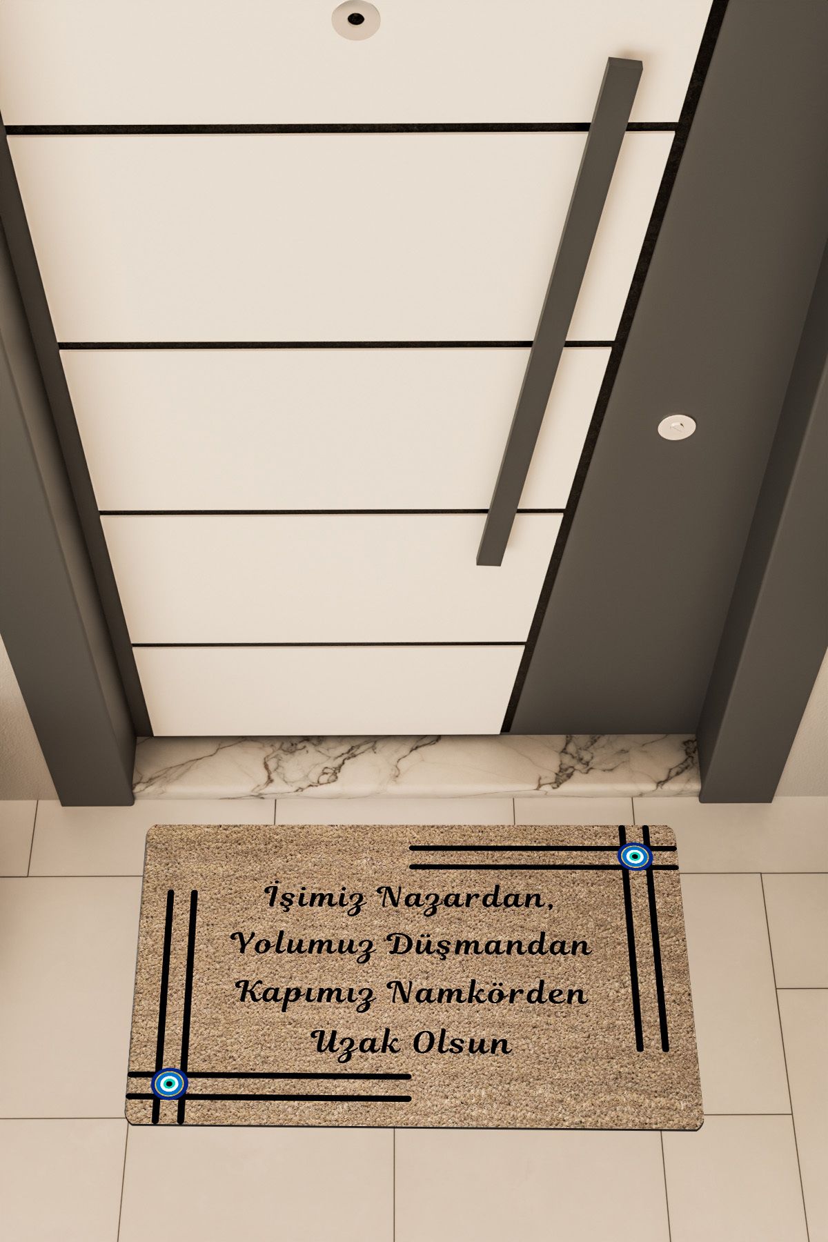 Dormot Home Yüksek Kaliteli Dijital Baskı Kahverengi, İşimiz Nazardan temalı Kapı Önü Paspası