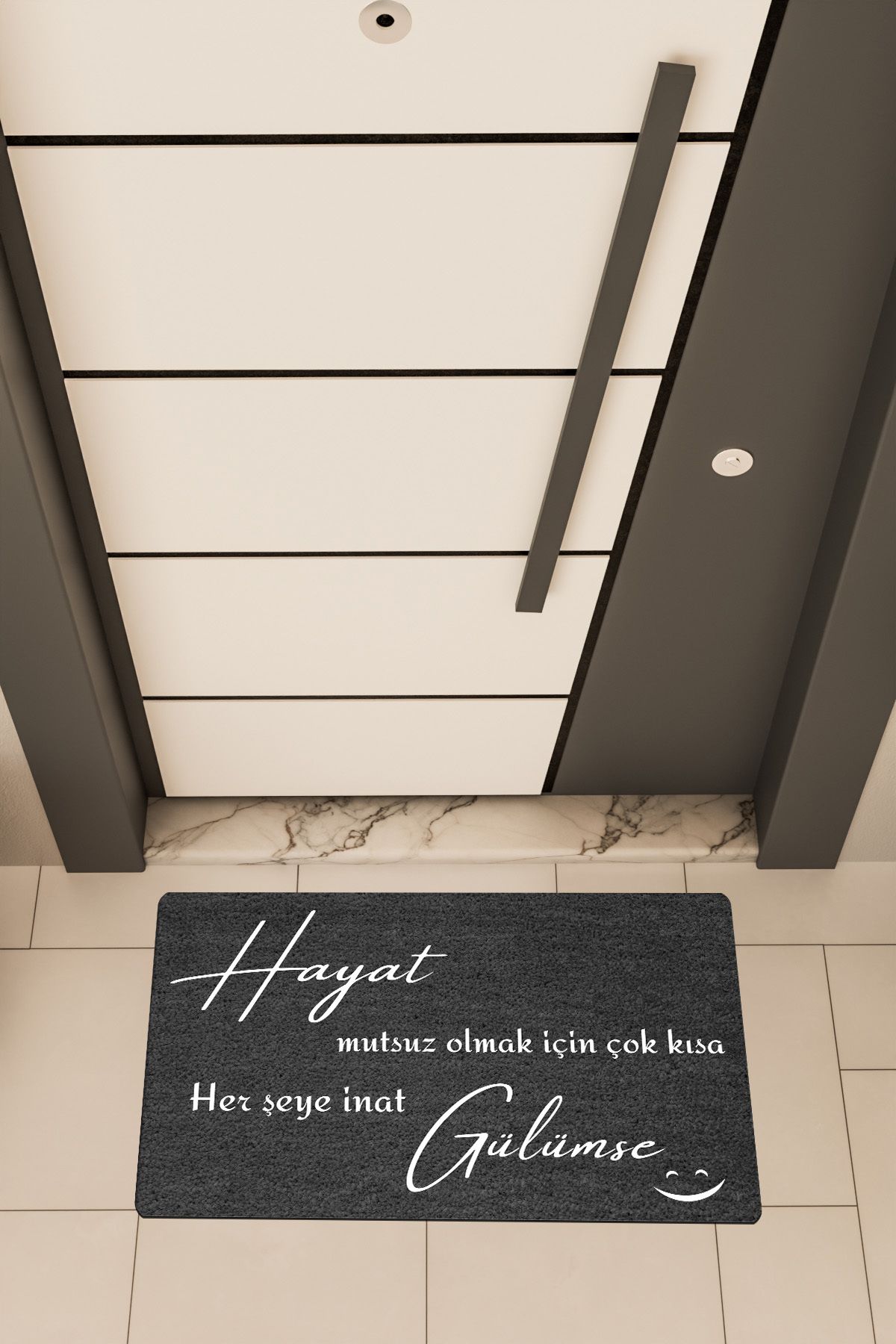 Dormot Home Yüksek Kaliteli Dijital Baskı Siyah, Herşeye İnat Gülümse temalı Kapı Önü Paspası