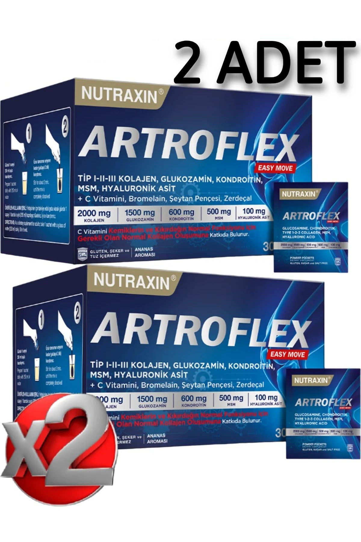 Nutraxin 2 Adet Artroflex Easy Move -(Glukozamin-Kondroitin-Msm-Bromelain-Kolajen-Bamya Çiçeği) 30 Adet Saşe