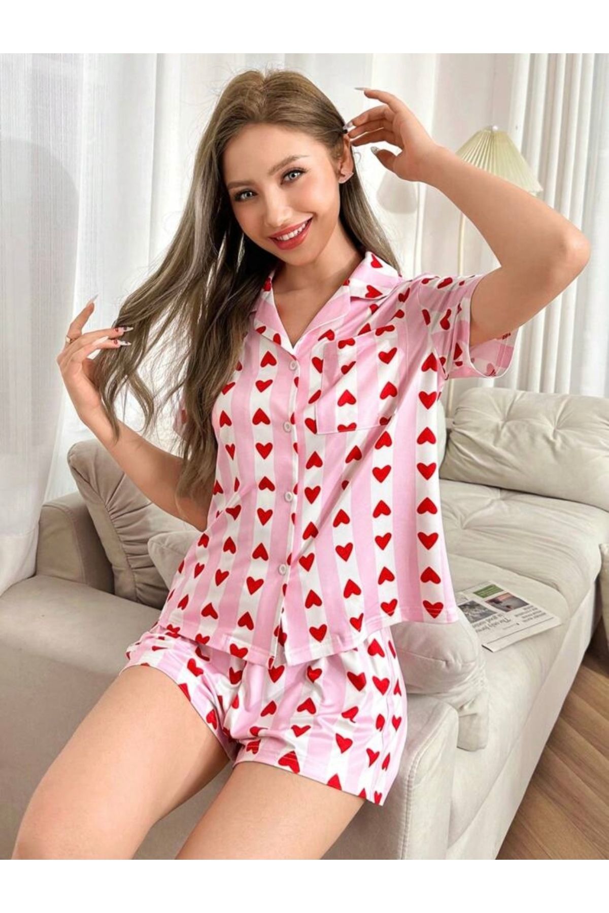 bella bonita Darla Kalpli Gömlek Şort Pijama Takımı