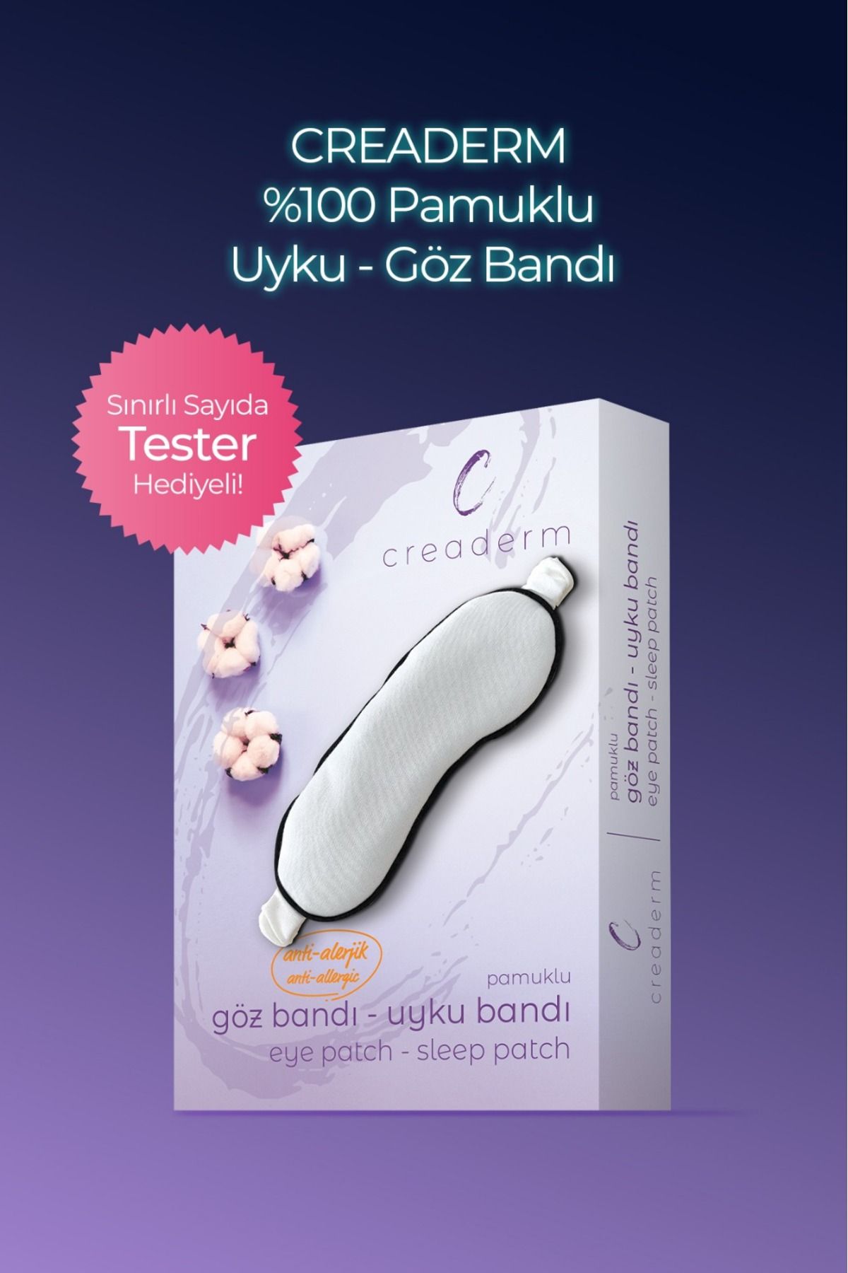 CREADERM %100 PAMUKLU UYKU GÖZLÜĞÜ/GÖZ BANDI/ ANTİ ALERJİK YIKANABİLİR BOYA KİMYASAL İÇERMEZ EYE SLEEP PATCH