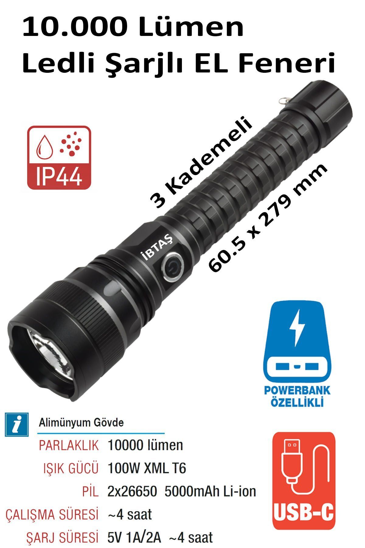 İBTAŞ Nt Lights Ntls8001 Ledli Şarjlı Cob El Feneri 10.000 Lümen