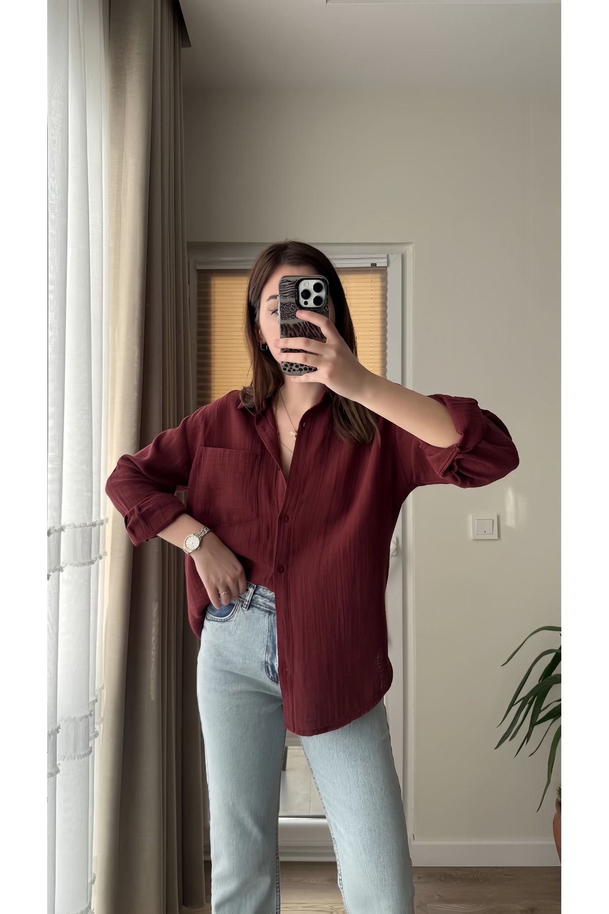 CODER SW Bordo Kadın Cepli Oversize Müslin Gömlek