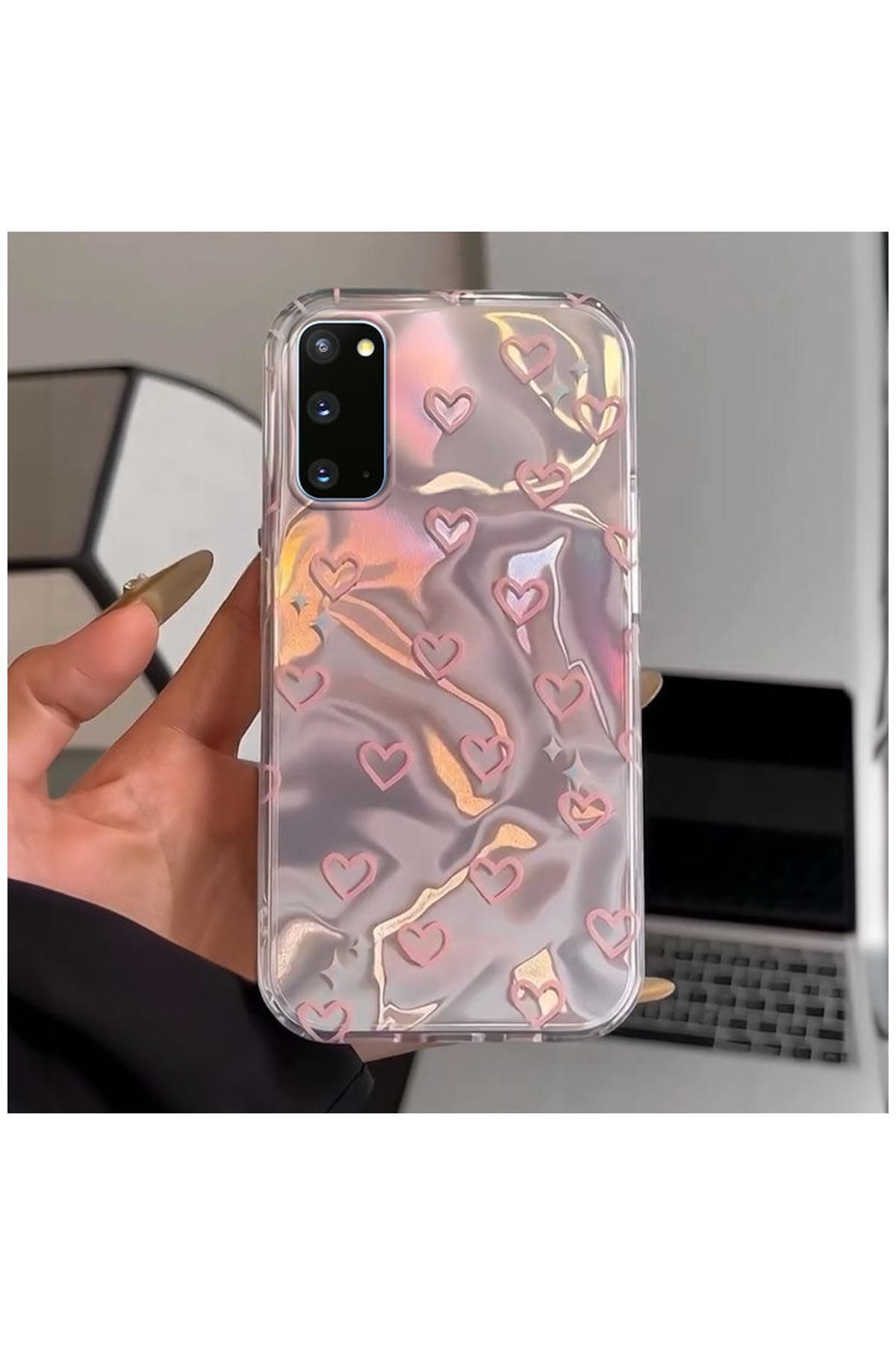 Pro Aksesuar Samsung Galaxy S20 FE Uyumlu Kılıf Kalp Desenli Silikon Kılıf Pembe