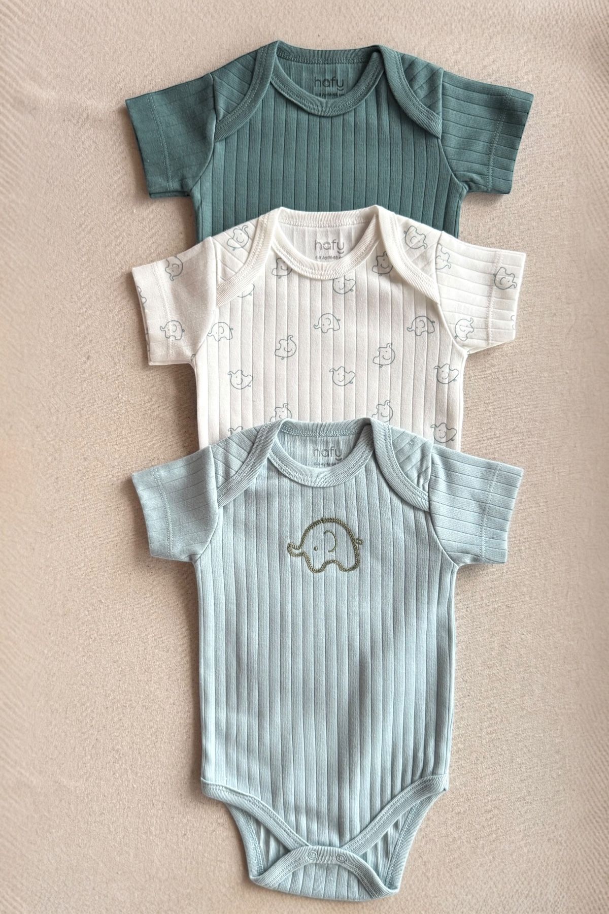 HAFY BABY %100 Doğal Pamuk Özel Kumaş 3'lü Bebek Body Seti - Fil Desenli