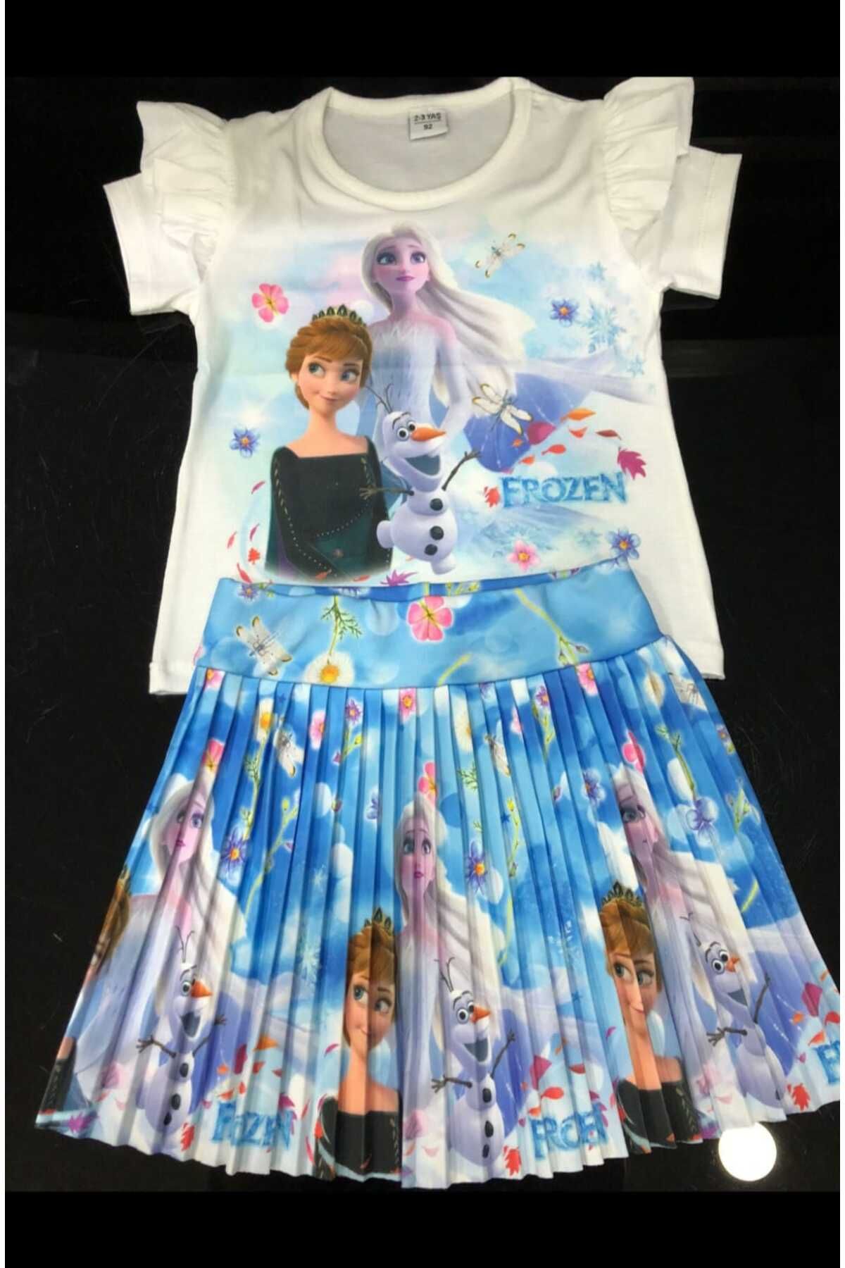 DerinHome Frozen Elsa Anna kız çocuk tişört etekli takım yeni sezon