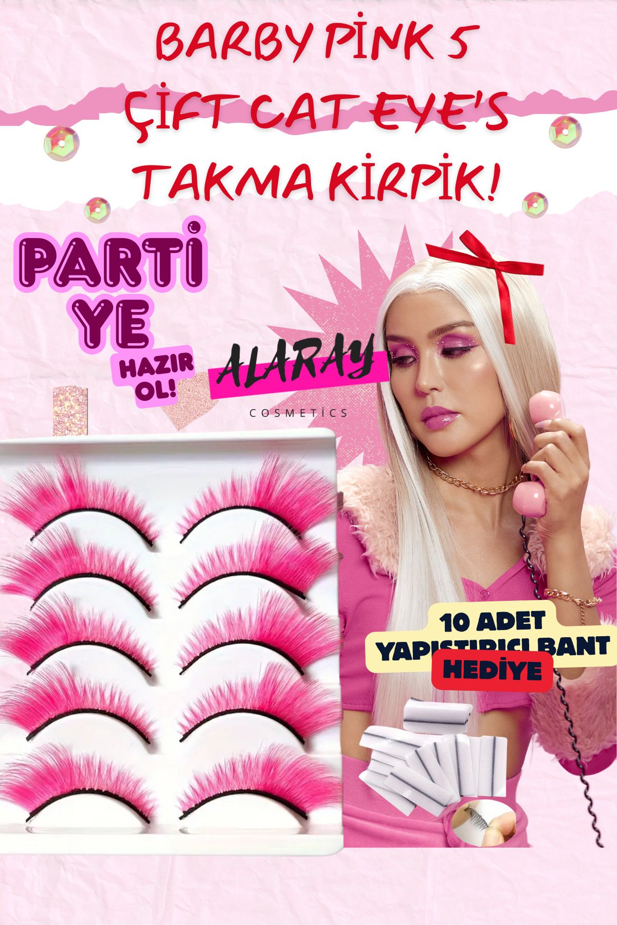 alaraycosmetics RENKLİ TAKMA KİRPİKLER 5ÇİFT PİNK TAKMA İPEK KİRPİK+10 ADET YAPIŞTIRICI BANT