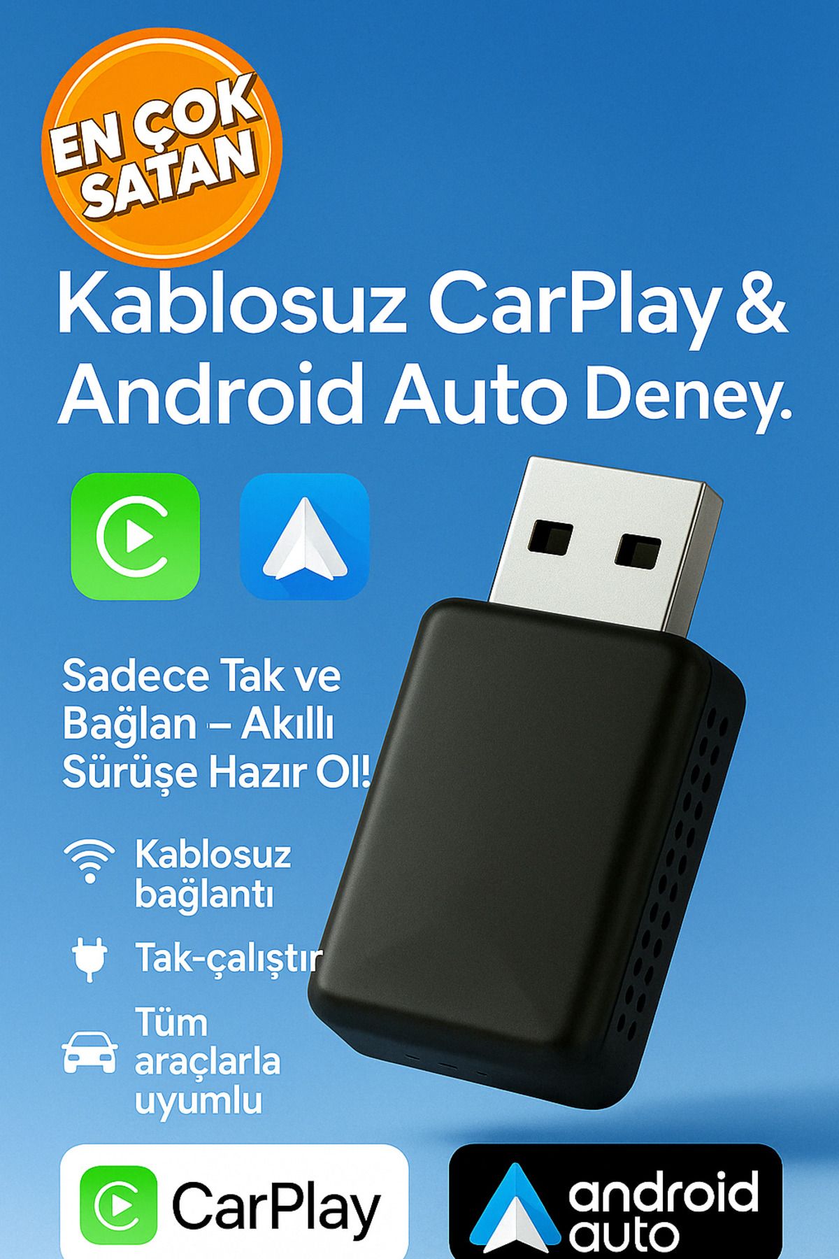 WIZTECH Mini Kablosuz Araç Carplay & Android Usb Bluetooth Carplay Adaptör Çevirici Örgü Kablo Hediye