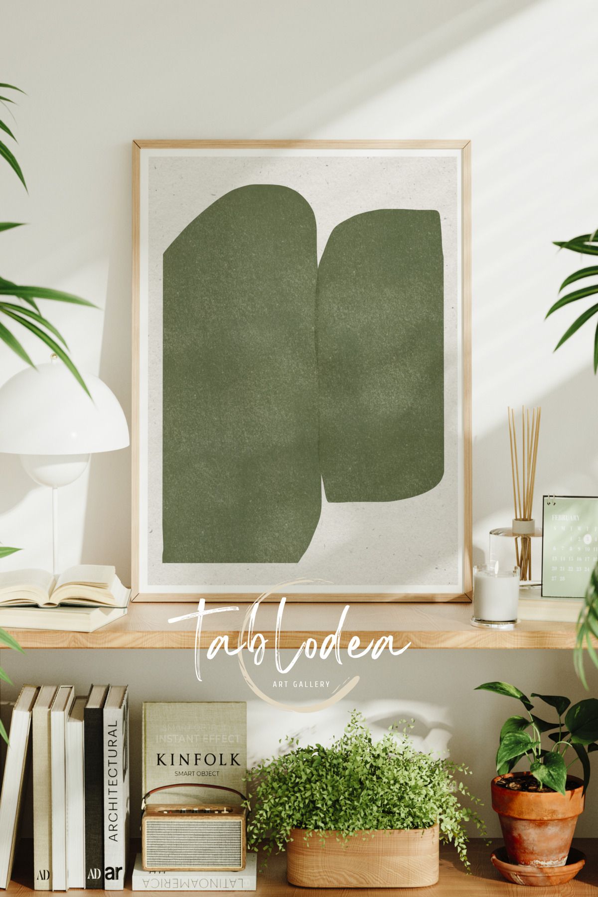 tablodea Soft Soyut Yeşil Minimalist Çerçeveli Poster Tablo, Sade Modern Dekoratif Nordik Bohem Duvar Tablosu