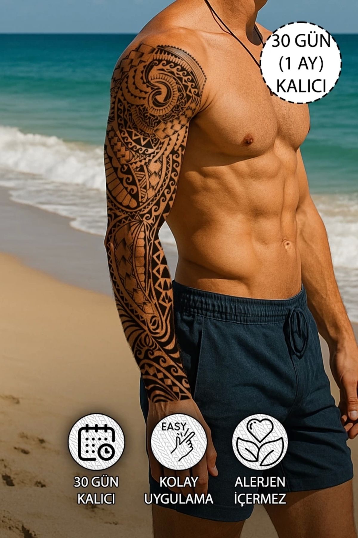 SERRANO 30 Gün / 1 Ay Kalıcı Maori Geçici Kol Kaplama Dövme Tattoo - 12 Saat Sonra Kararır