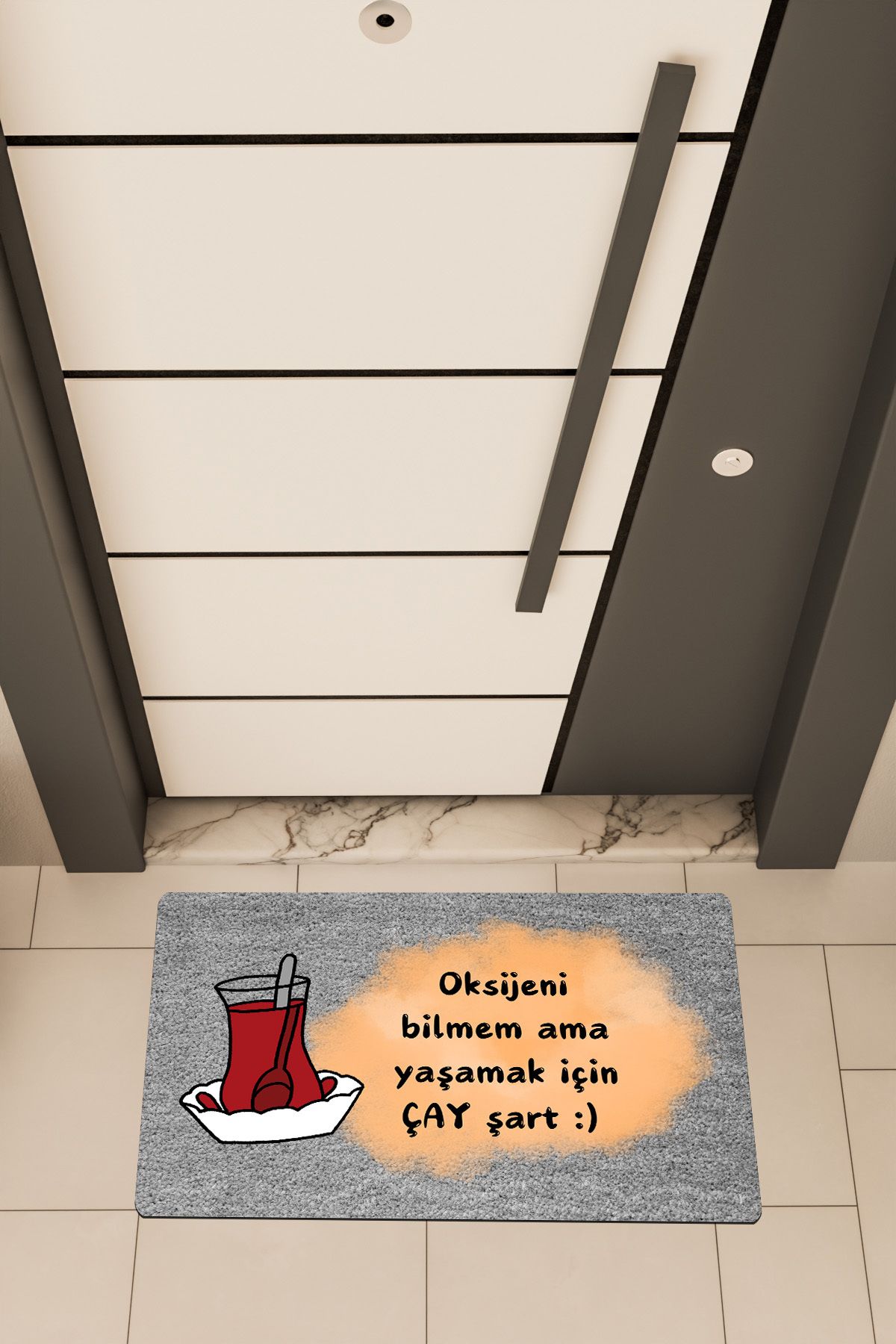 Dormot Home Kaliteli Dijital Baskı Gri, Çay Şart temalı Kapı Önü Paspası