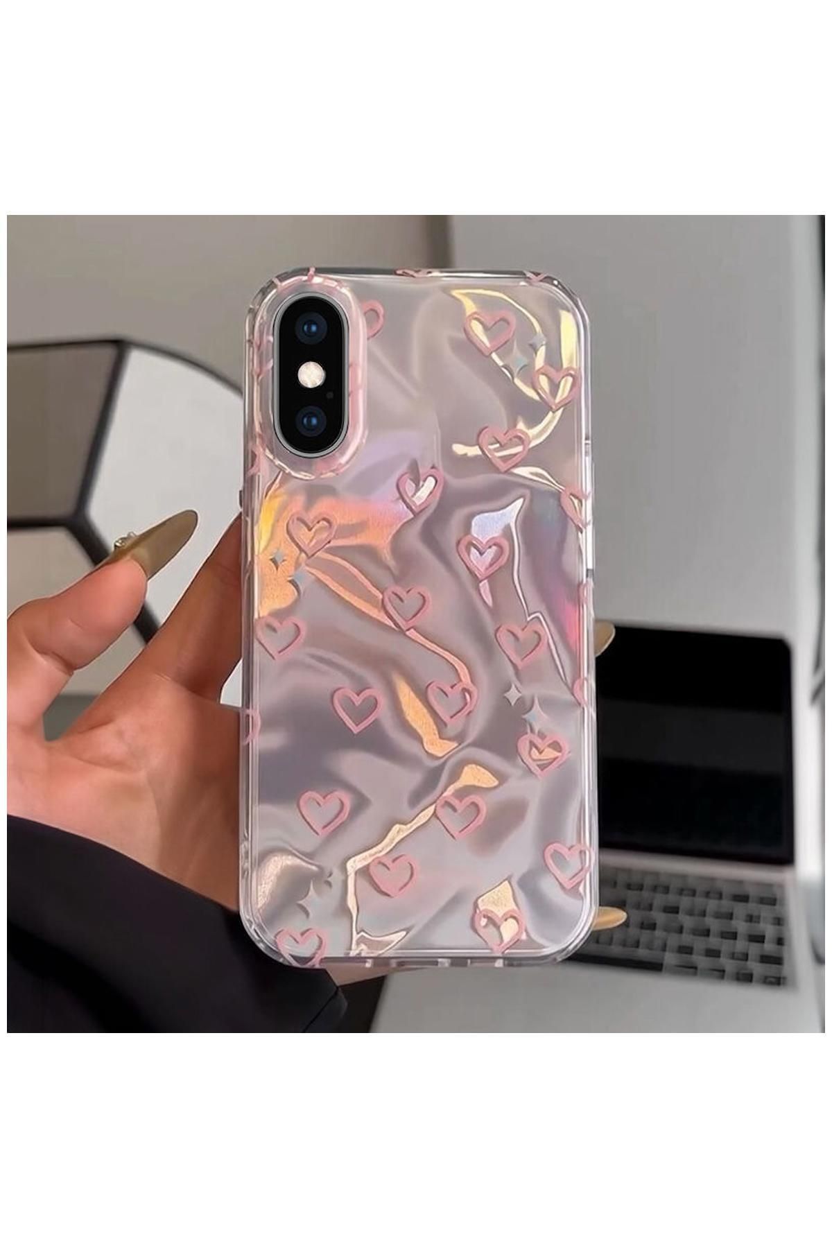 Zebana Apple iPhone XS Uyumlu Kılıf Zebana Pink Heart Silikon Kılıf Pembe