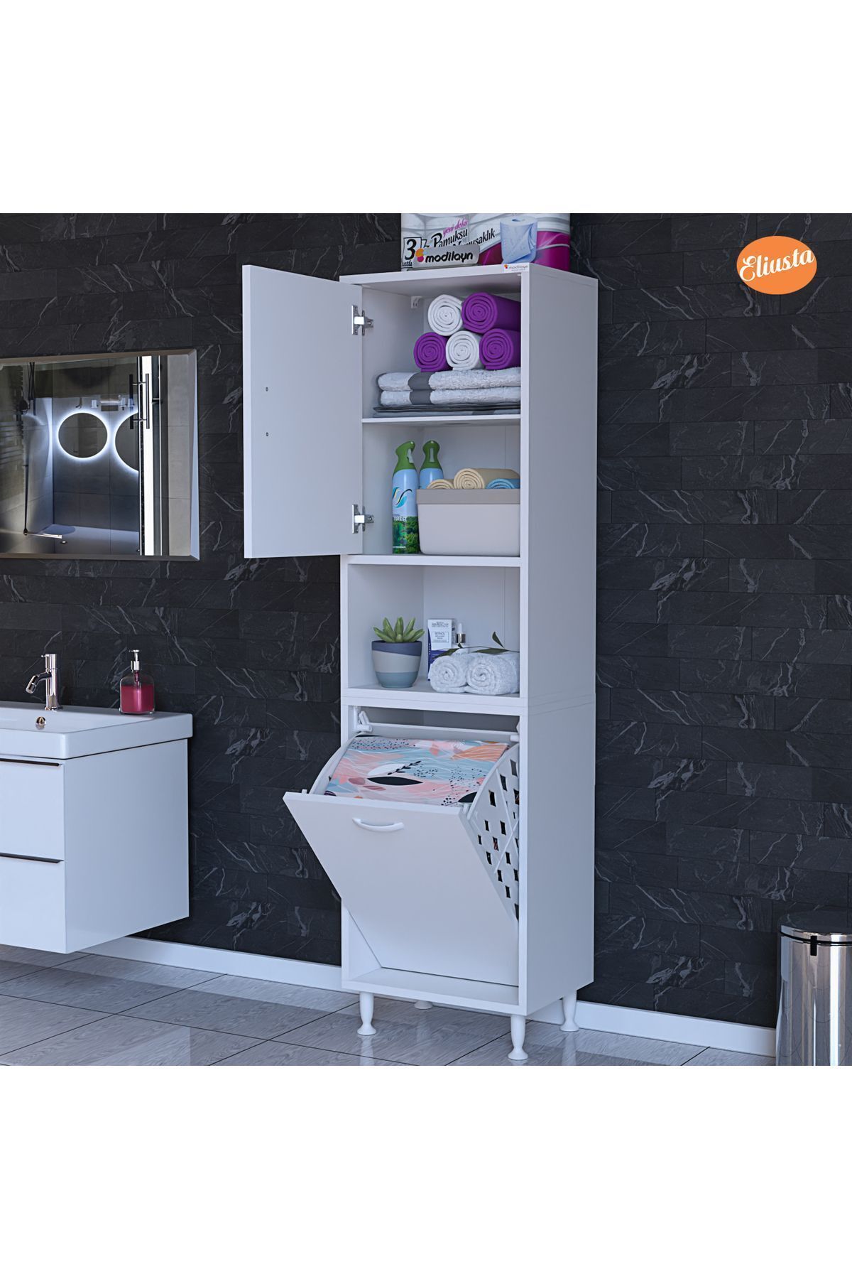 Modilayn Mutfak Dolabı Kirli Çamaşır Dolabı Düşer Kapaklı Sepetli Banyo Dolabı