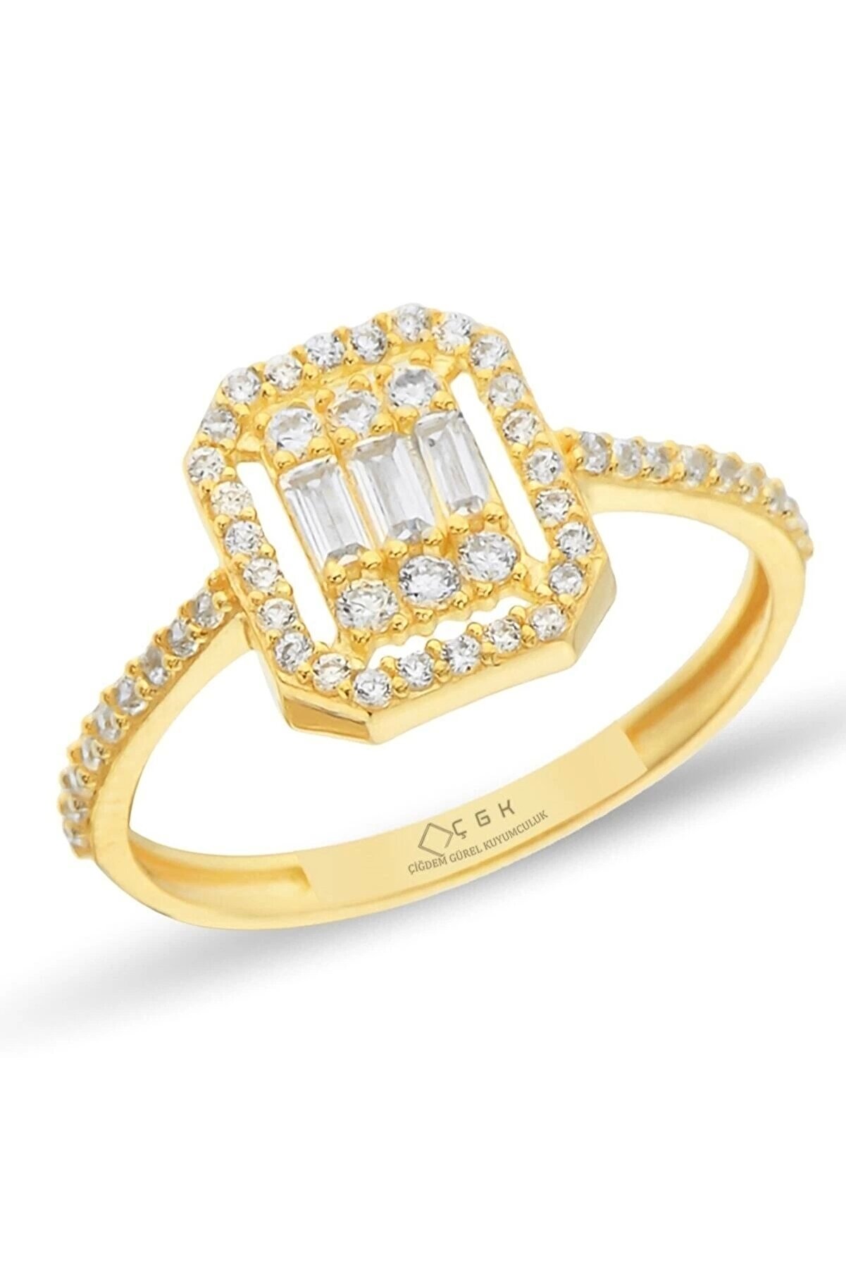 Çgk Çiğdem Gürel Kuyumculuk Çgk “Radiant Baget” 8 Ayar Altın Yüzük – Kadın, Çift Sıra Halo Tasarım