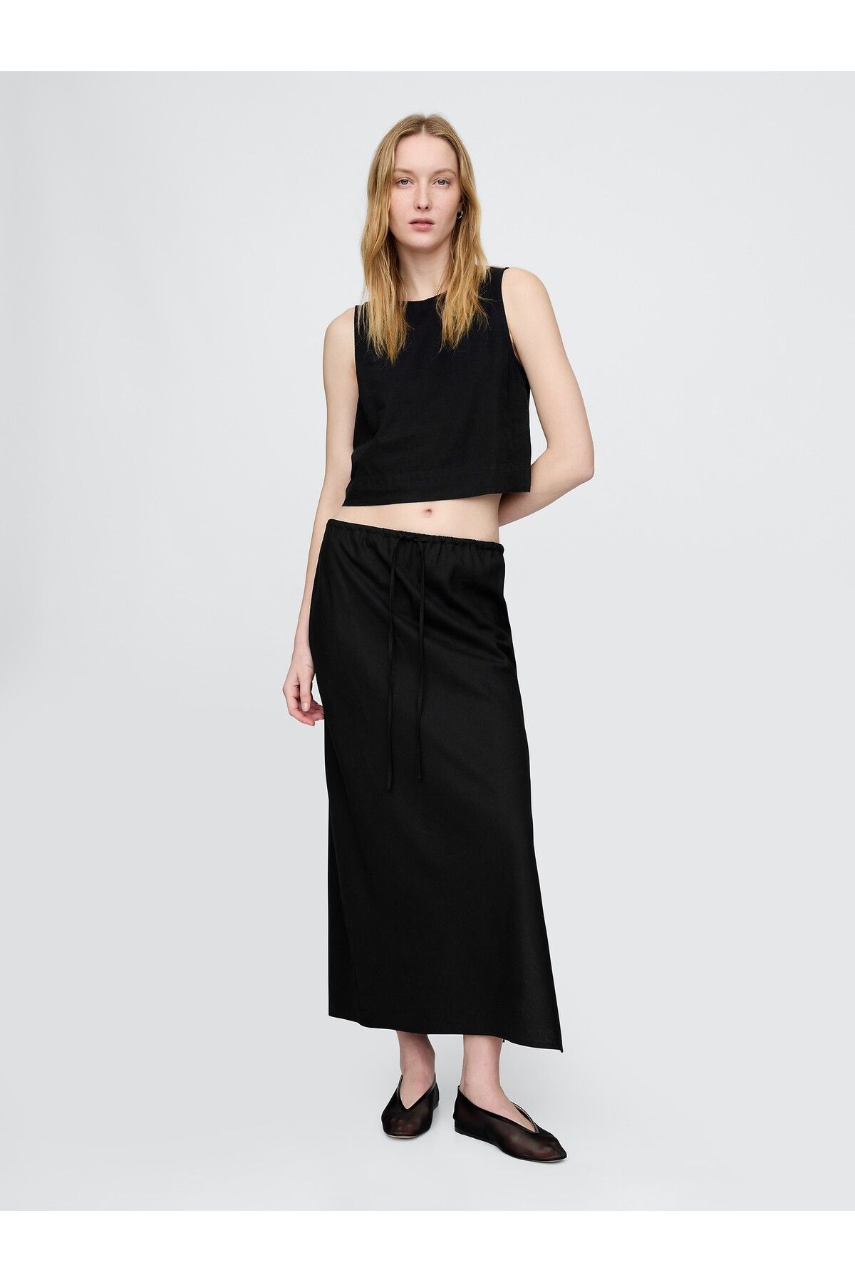 GAP Kadın Siyah Linen-Blend Midi Etek