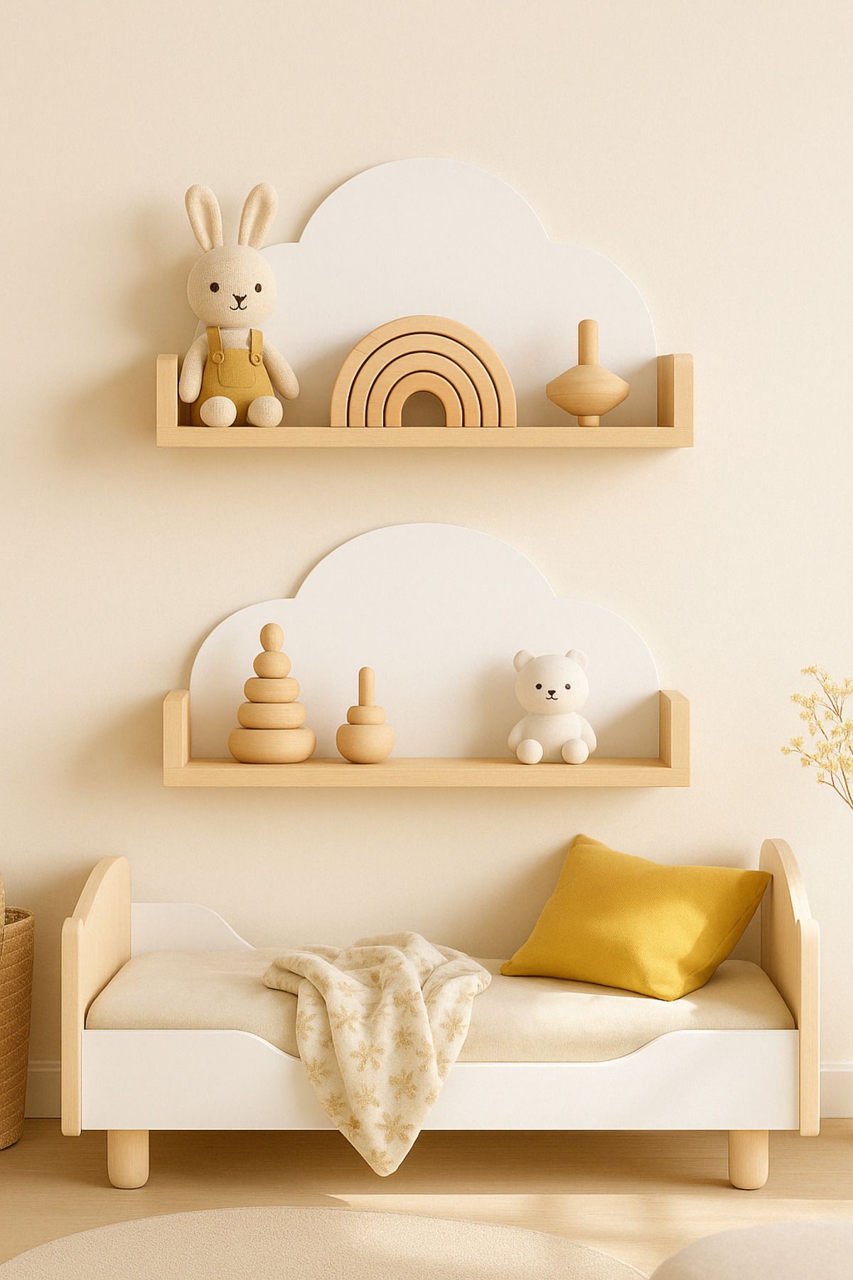 VEXA 2 Li Set Doğal Ahşap Bulut Şeklinde Duvar Rafı 40x25 Cm | Montessori & Çocuk Odası Dekoru