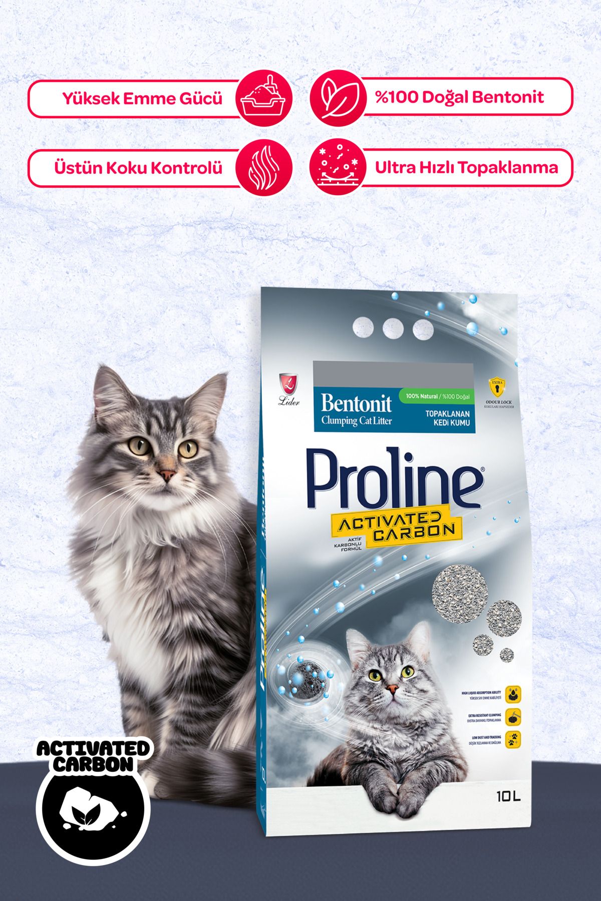 Proline Aktif Karbonlu Topaklanan Doğal Kedi Kumu 10 Lt