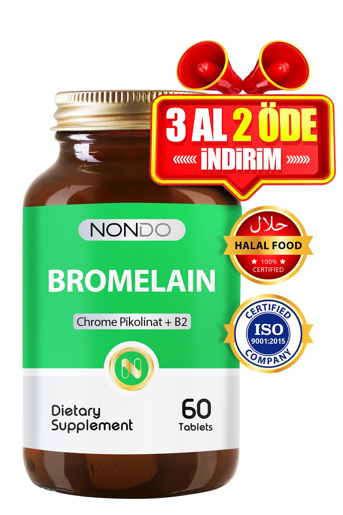 Nondo Bromelain 2400 Gdu 750mg Krom Pikolinat 60 Tablet ( Bromelian Ananas Özü Krom Pikolinat B2 )