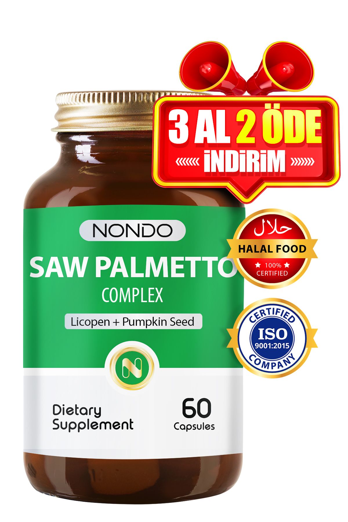 Nondo Saw Palmetto Kompleks 60 Kapsül ( Cüce Palmiye Likopen Isırgan Otu Çinko Bal Kabağı )