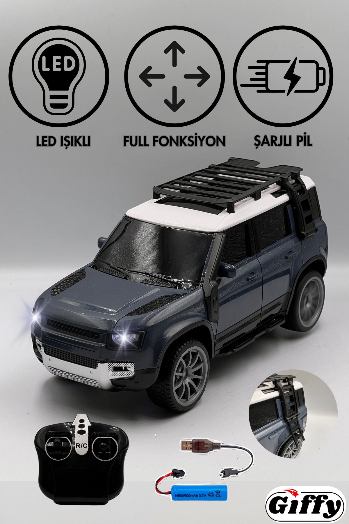 giffy Oyuncak Full Fonksiyon Uzaktan Kumandalı Şarjlı Led Işıklı Defender Model Araba Drift Atan Off Road
