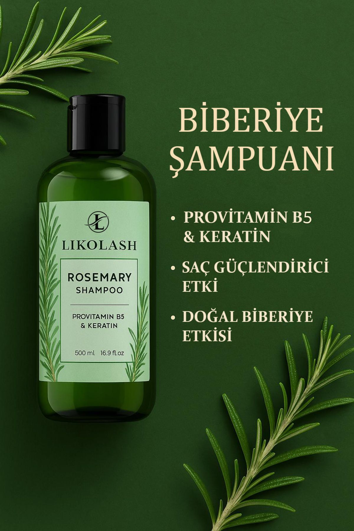 Likolash Biberiye Şampuanı Dökülme Karşıtı ve Hızlı Uzamaya Yardımcı Keratin, Biotin ve Kolajen Özlü 500 ml