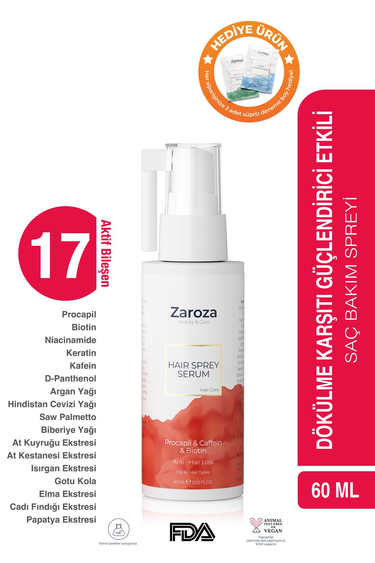 ZAROZA Saç Dökülmesine Karşı Sprey Serum - Hair Sprey Serum - 60 ml