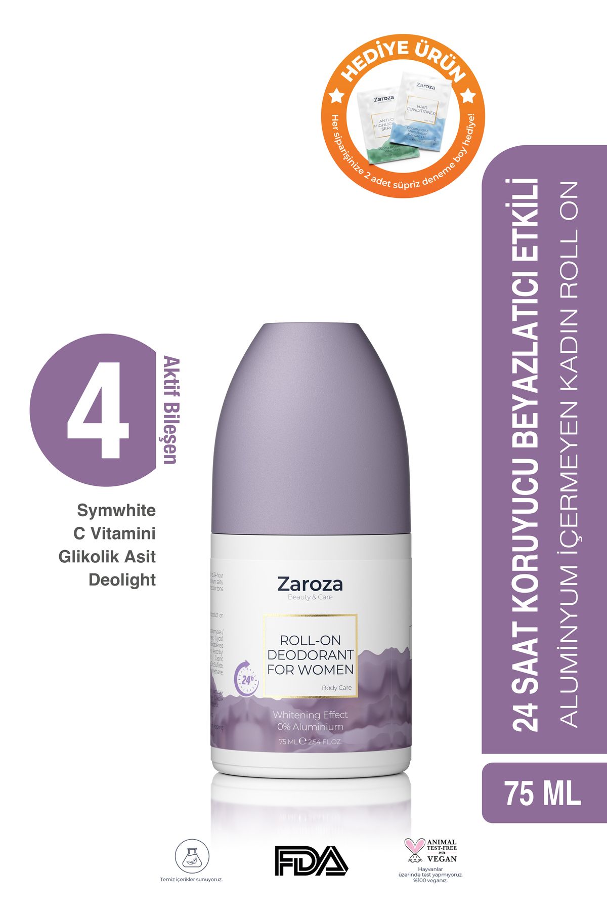 ZAROZA Beyazlatma Etkili Roll-on Kadın | 24 Saat Koruma Aluminyum Içermeyen Kadın Roll On - 75 ml