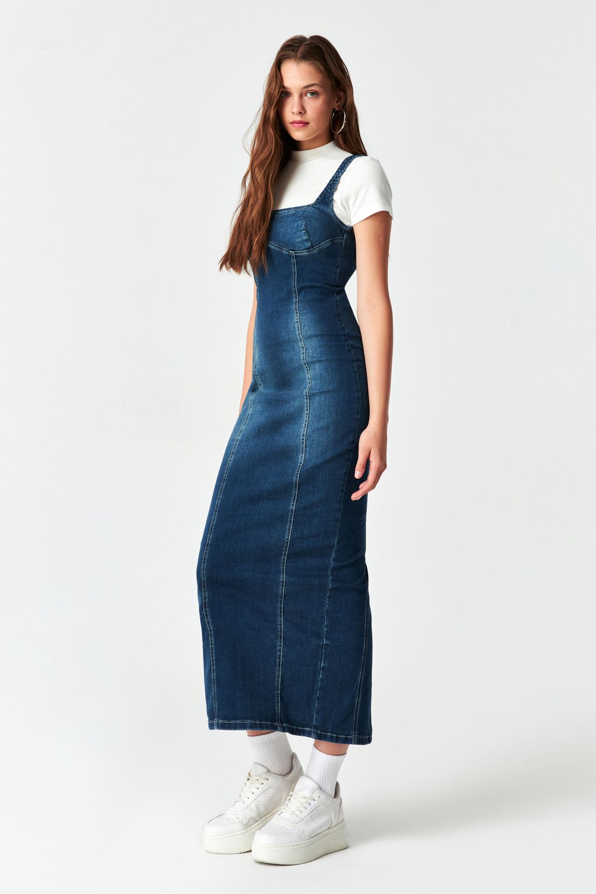 its basic Kadın Tint Kot Rengi Esnek Kumaş Arkadan Yırtmaçlı Uzun Denim Elbise