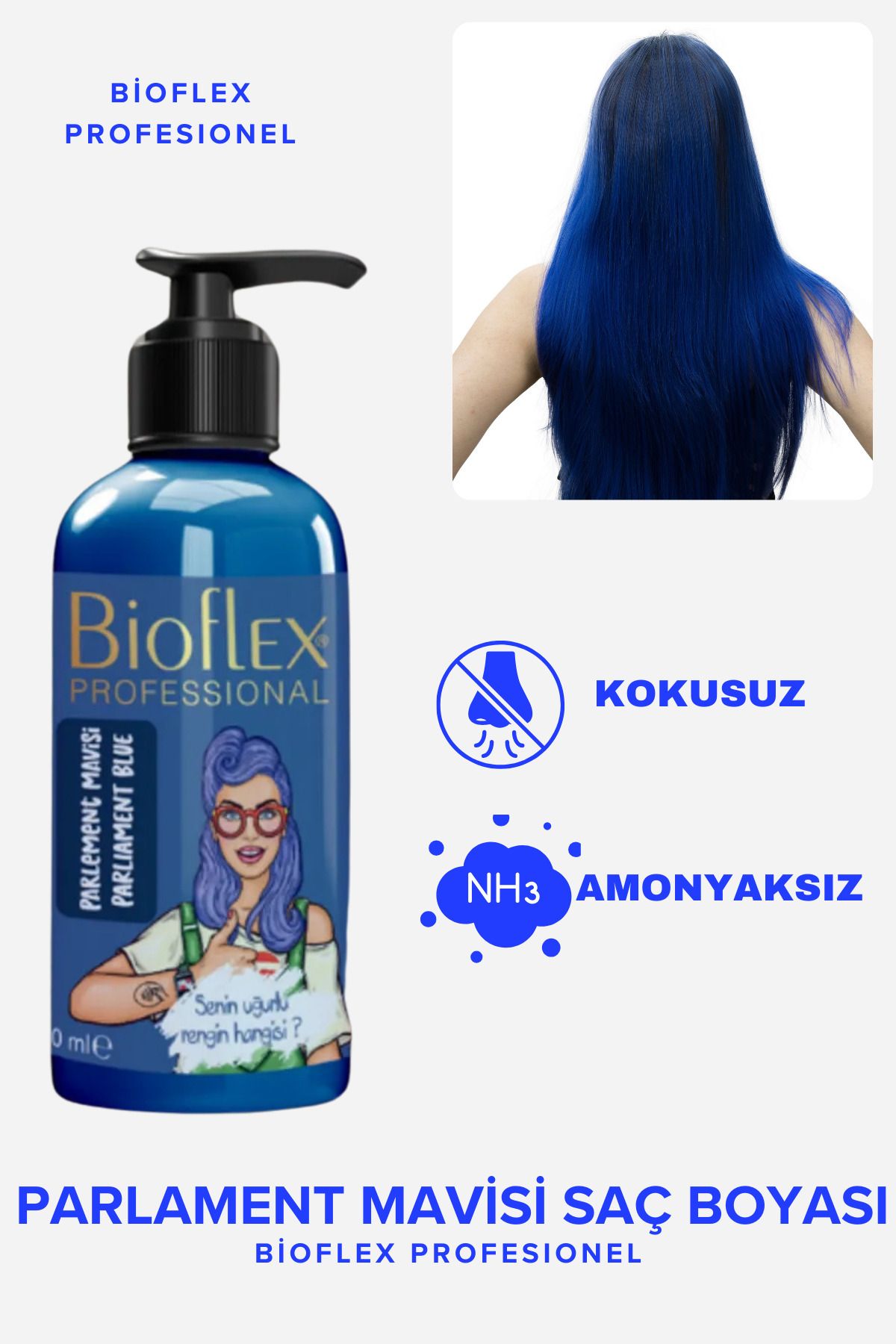 Bioflex Natural Hair Color Amonyaksız Parlament Mavisi Renkli Saç Boyası 250ml