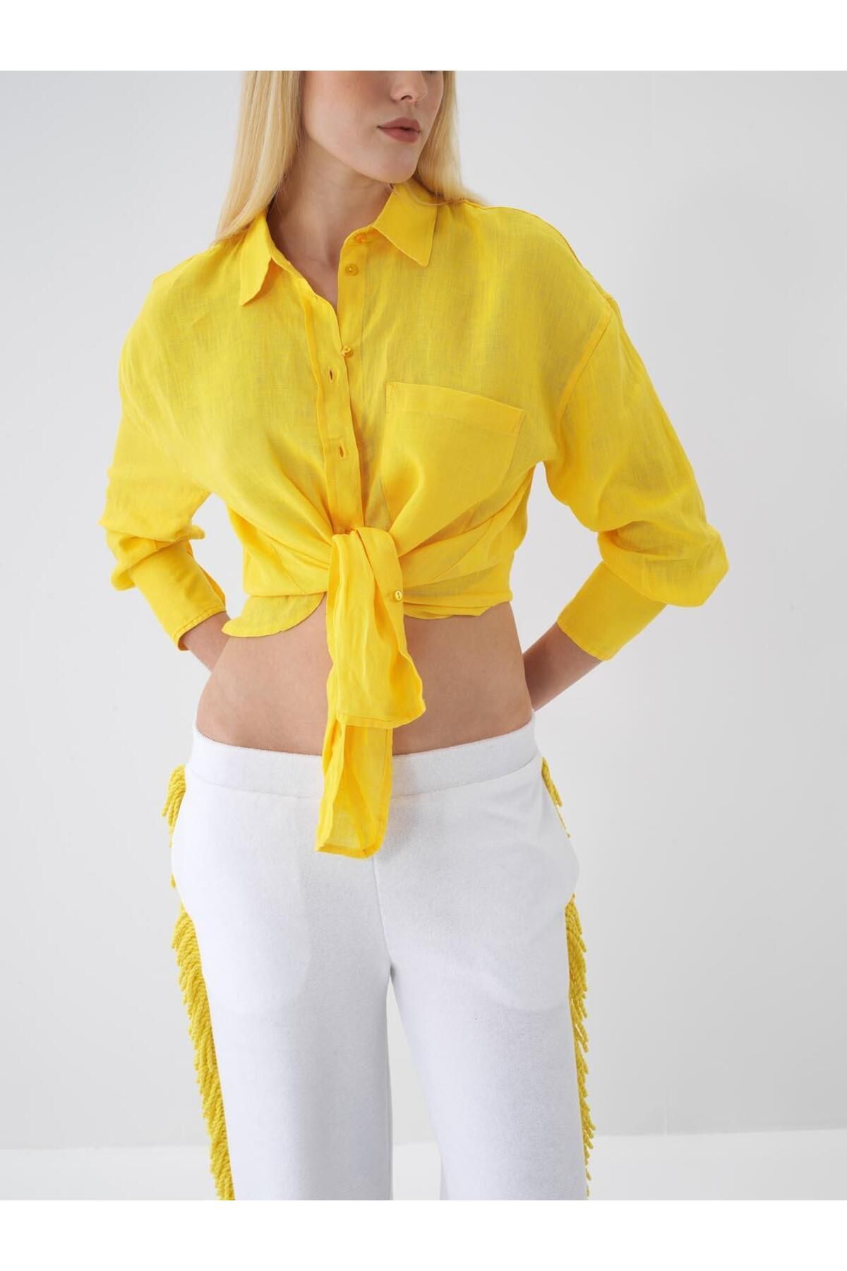 Xint Kadın Sarı Oversize Keten Basic Gömlek