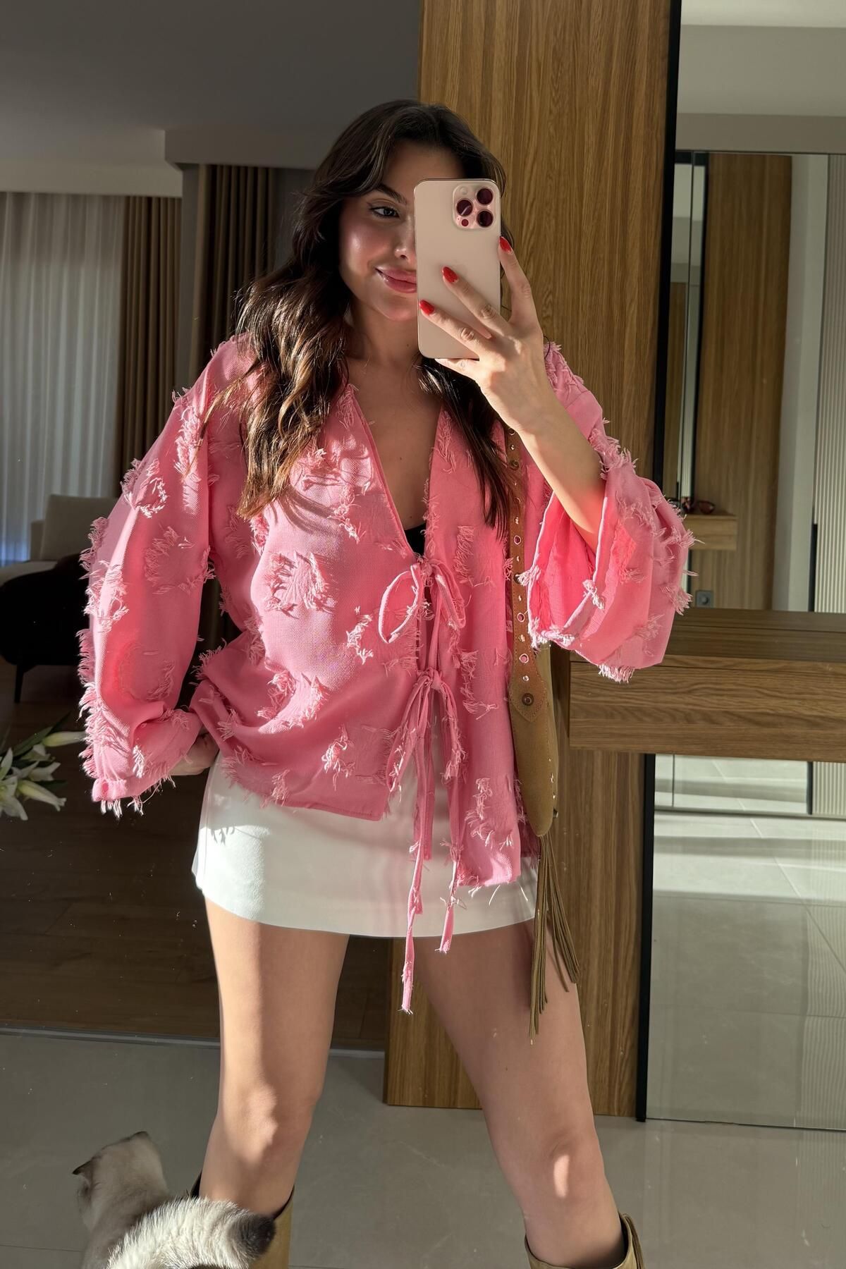 Gizem Ecemiş Juel Pembe Püsküllü Bağlamalı Gömlek