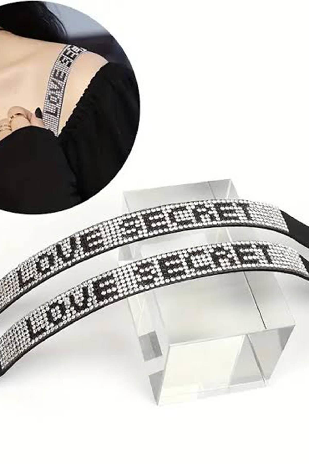 Takıştır Siyah Renk Love Secret Yazılı Taş Detaylı Sütyen Askısı
