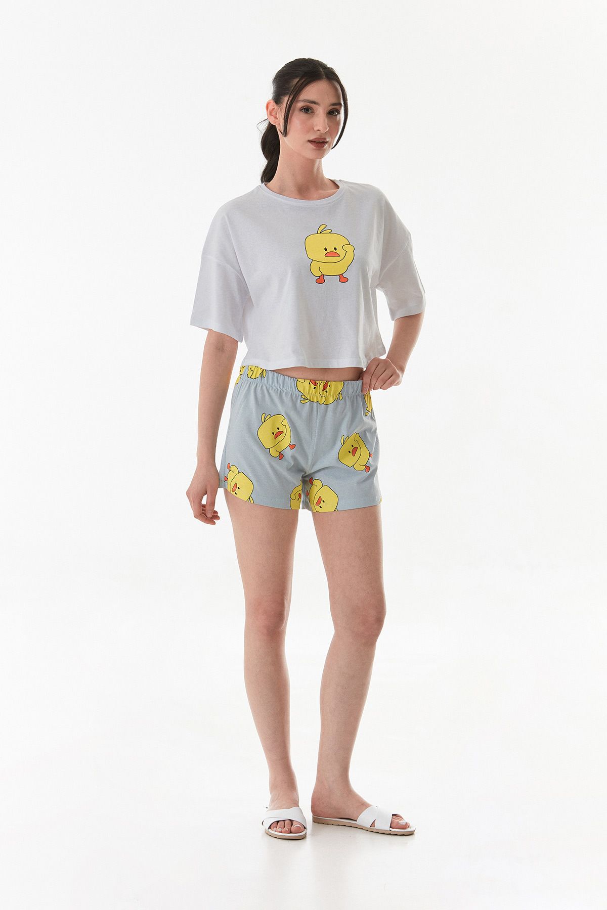 Fullamoda Civciv Baskılı Şortlu Oversize Pijama Takımı