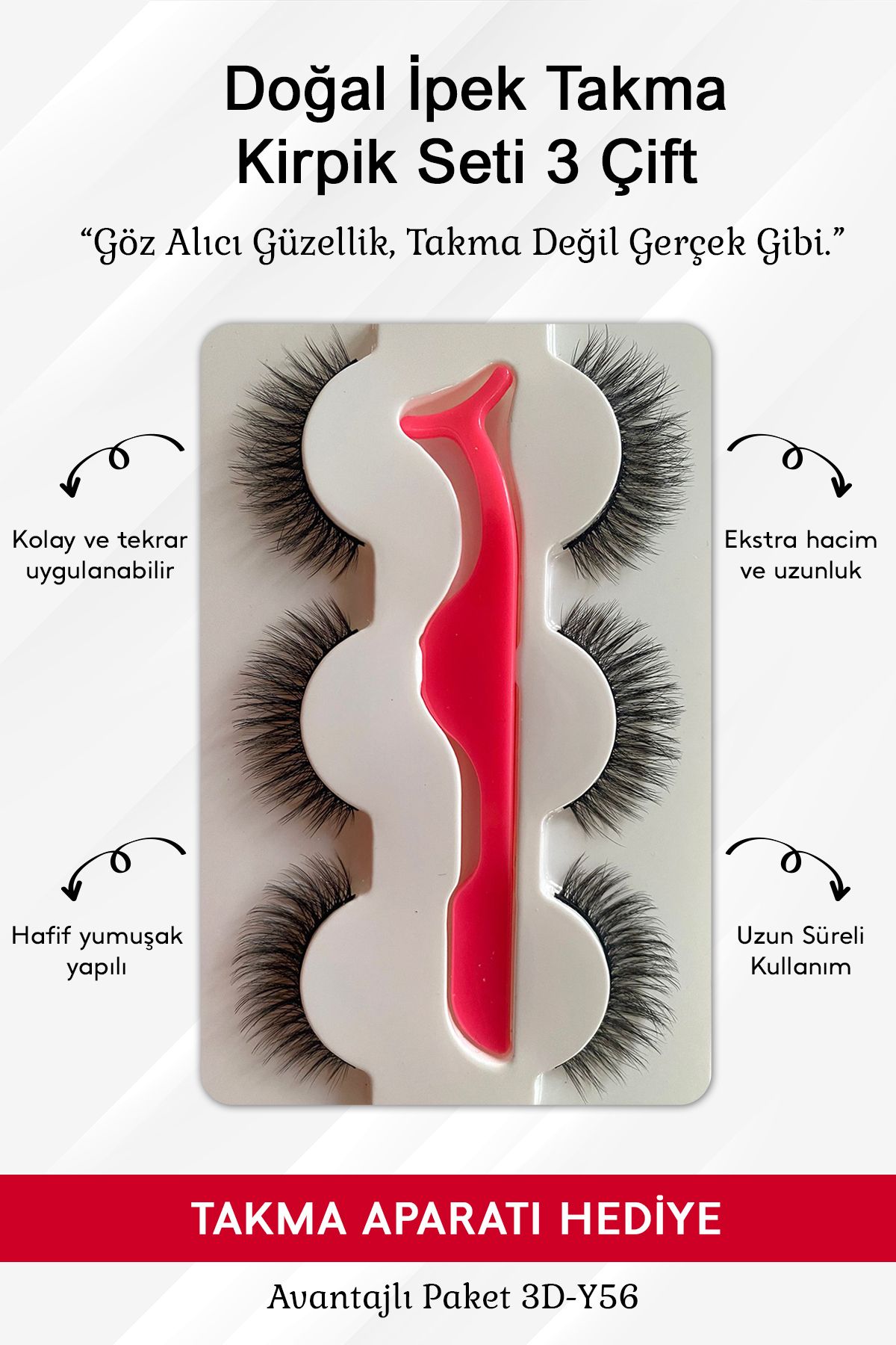 Genel Markalar Doğal Ipek Takma Kirpik 3 Çift Kirpik Takma Aparatı 3d-y56