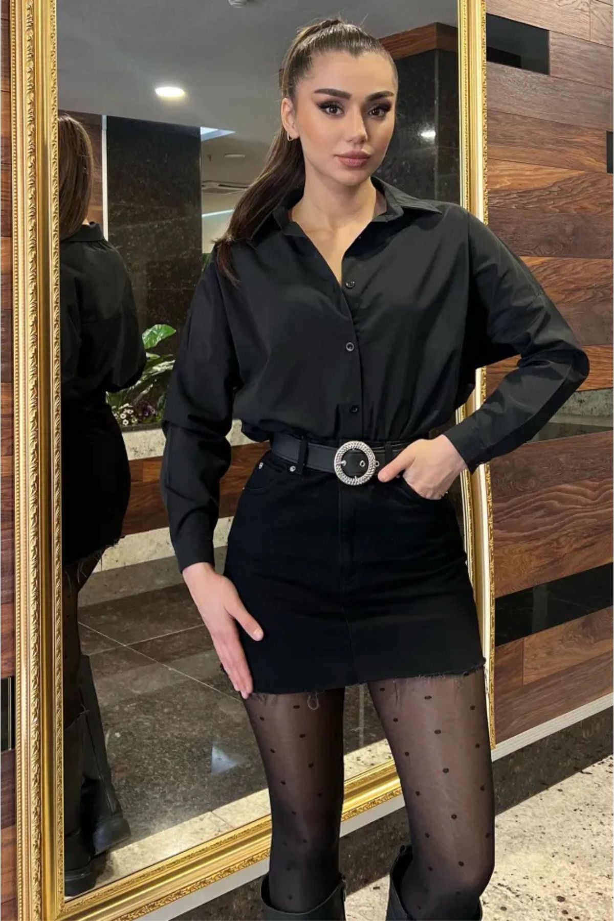 Modark Siyah Kadın Basic Oversize Gömlek