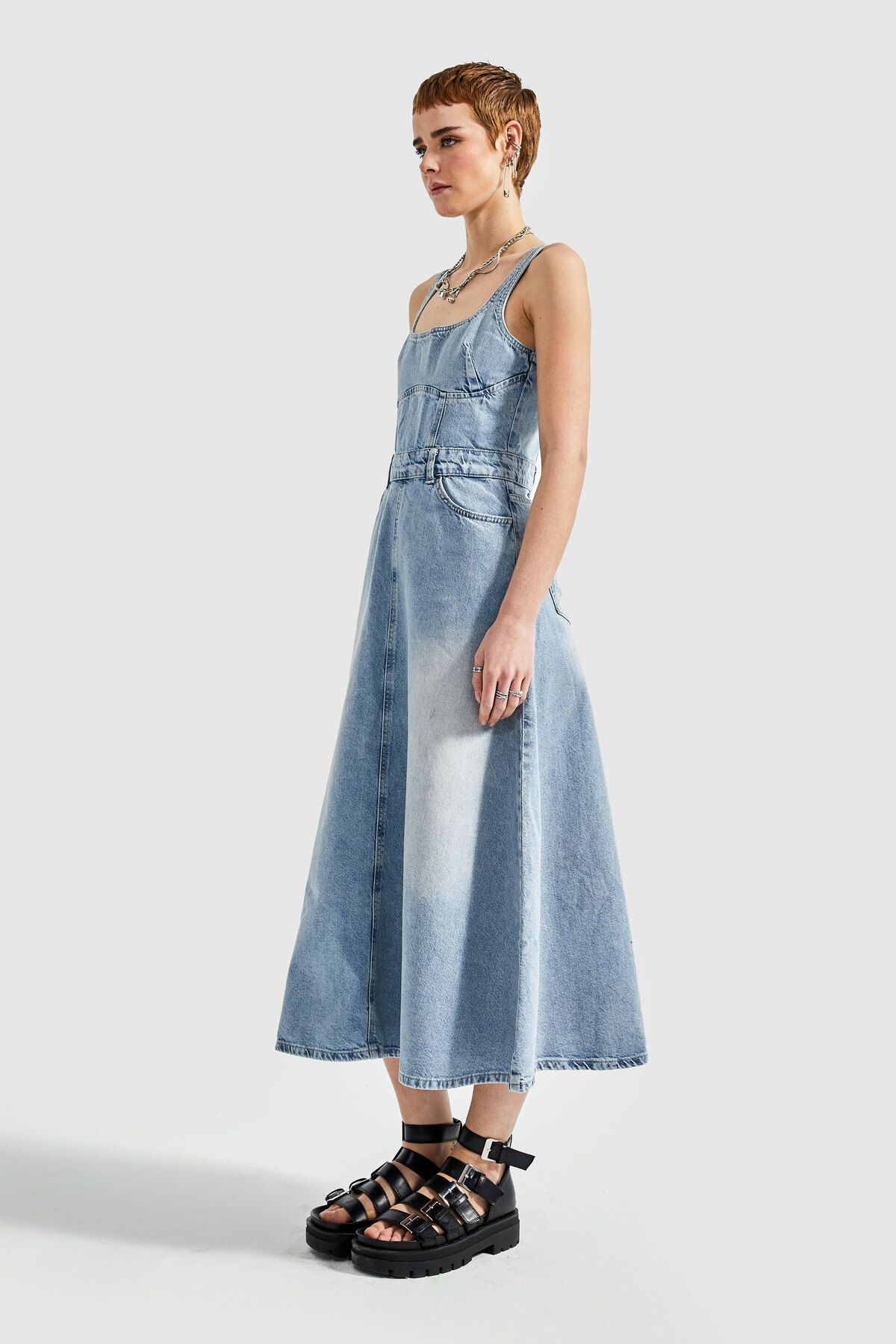 its basic Kadın Kot Rengi Maxi Boy A Tipi Kesim Denim Elbise