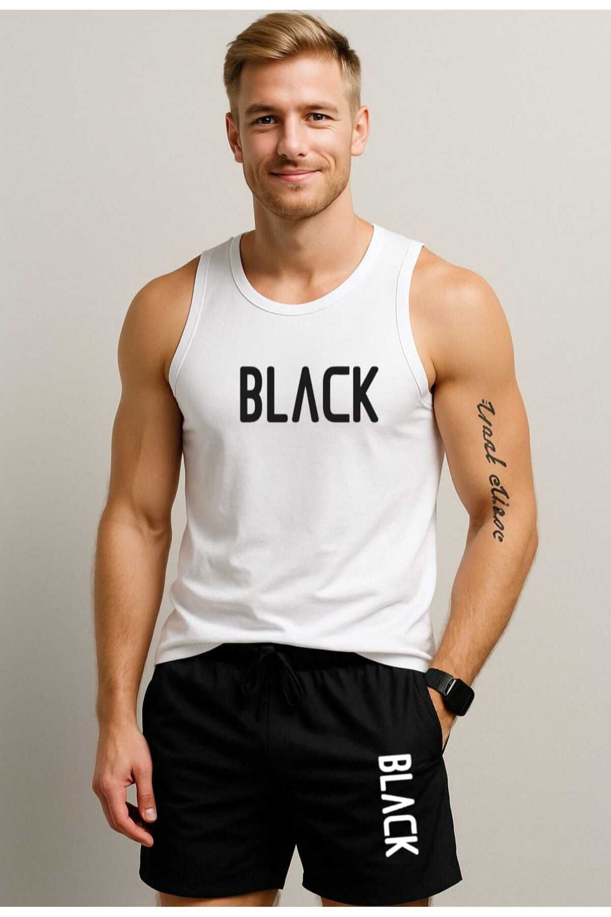 TREND ALİSSE 2li Takım ERKEK BERMUDA Şort Ve Atlet-cepli Black Baskılı Spor Şort Atlet
