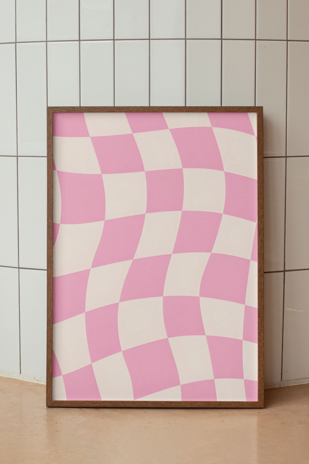 baselith Açık Pembe Kavisli Kare Deseni - Dalgalı Satranç Modern Retro Minimalist Poster - Duvar Posteri