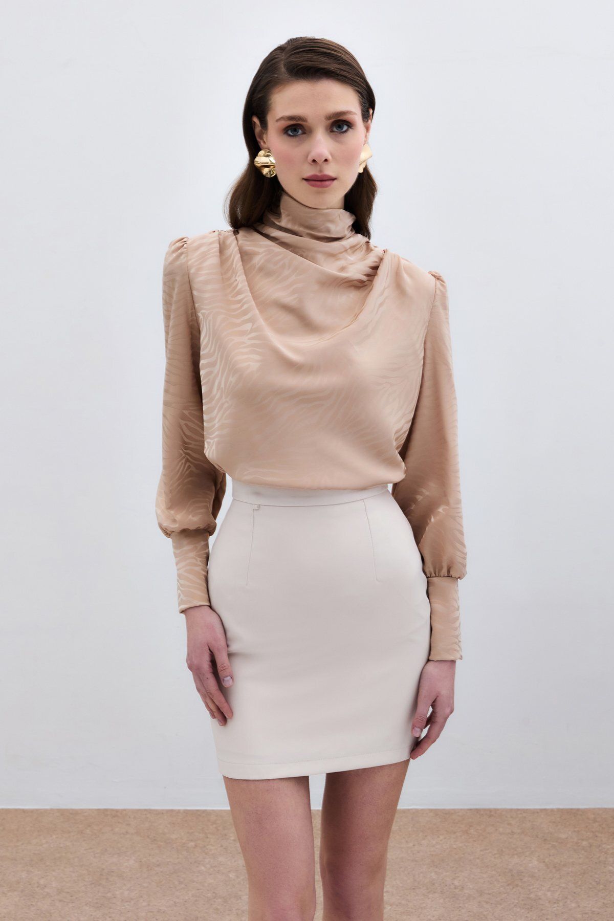 Sateen Drapeli Desenli Bluz - Camel