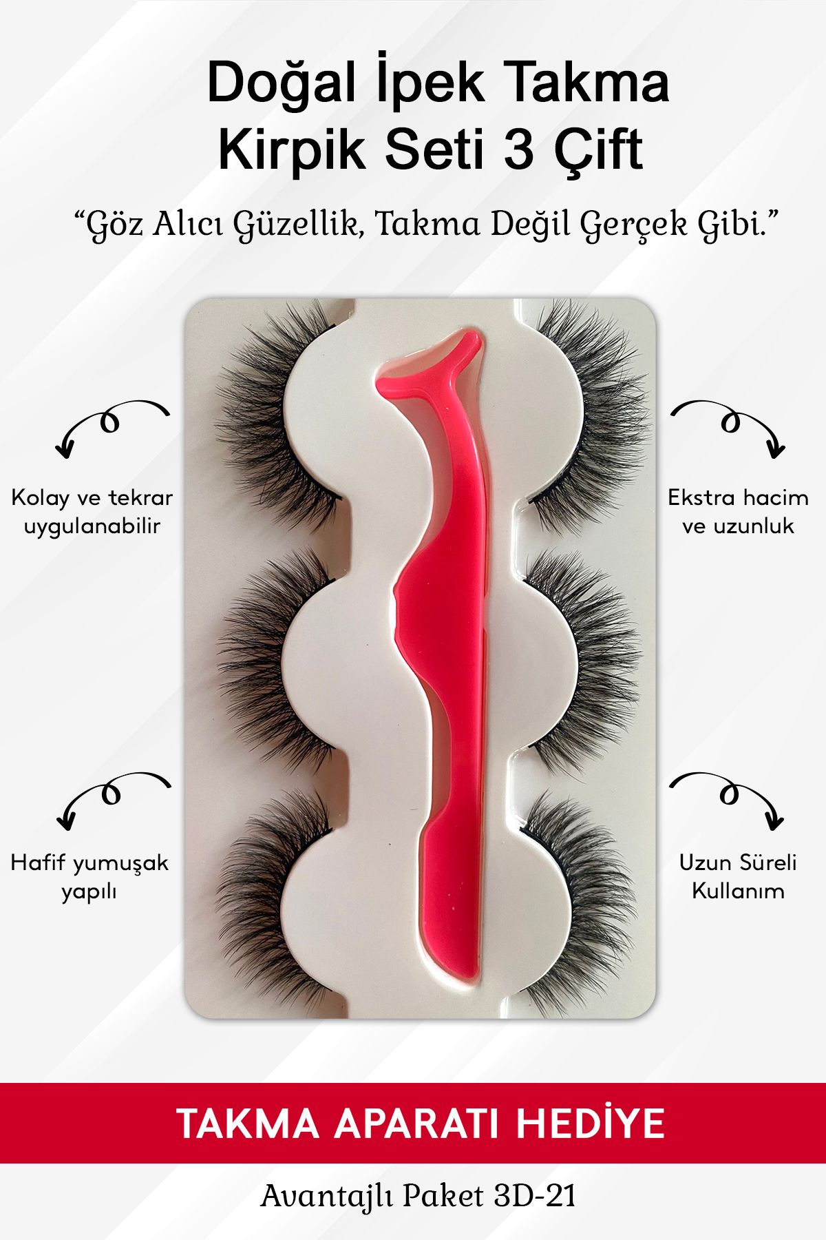 eyelash Doğal İpek Takma Kirpik 3 Çift + Kirpik Takma Aparatı 3D-21