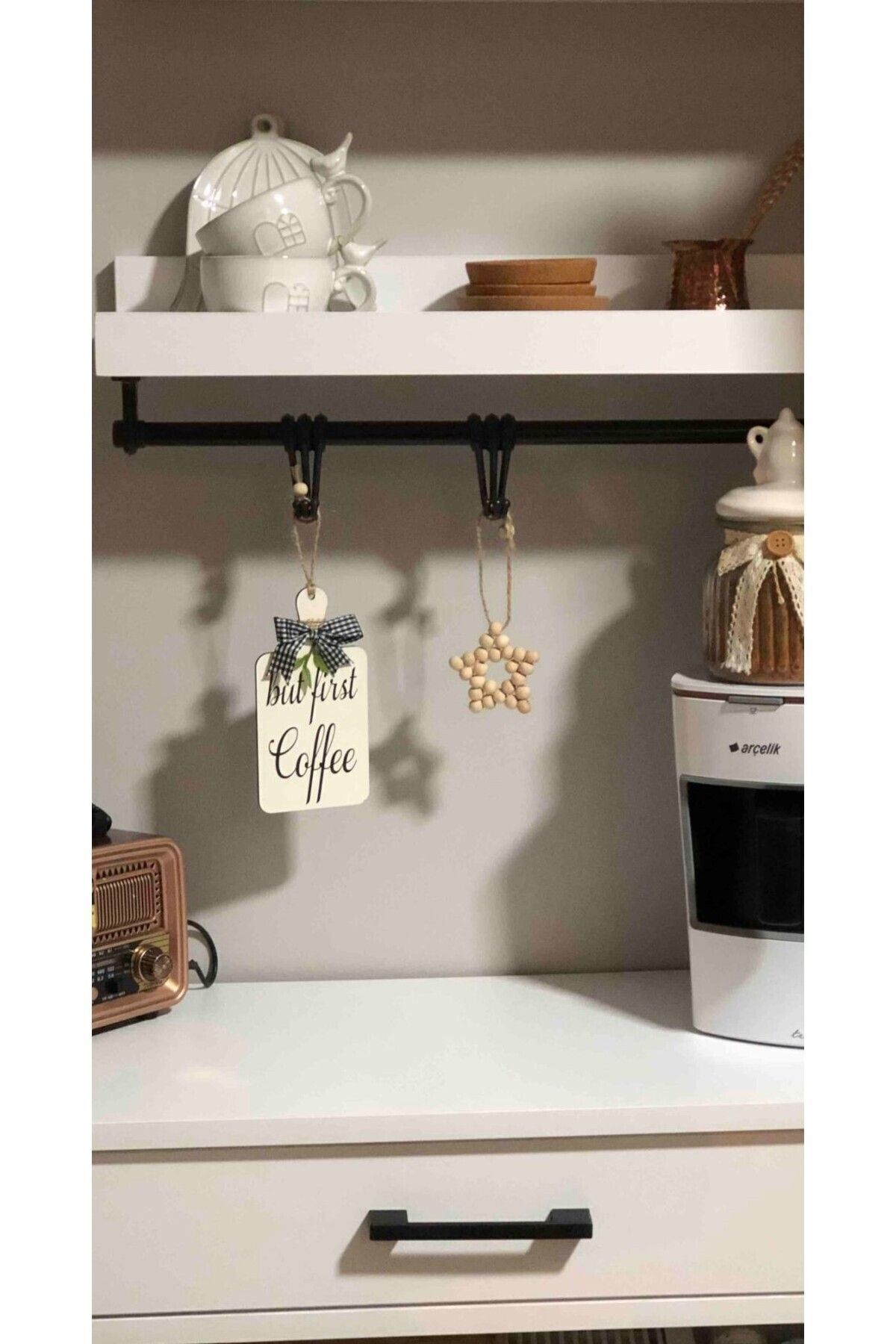 rosfloa rf But First Coffee Kahve Köşesi Iskandinav Mutfak Dolap Süsü & Ahşap Yıldız 2'li Set
