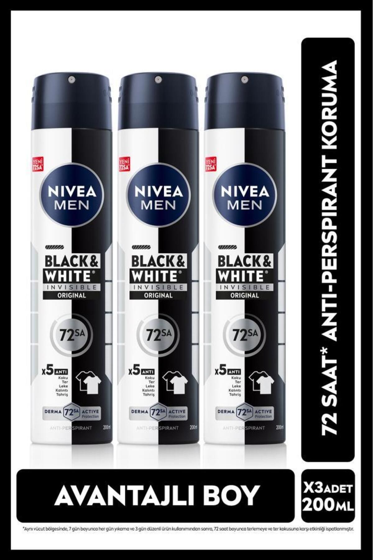 NIVEA MEN Erkek Sprey Deodorant Black&White Invisible Original 200ml, 72 Saat Anti-perspirant, X3 Adet