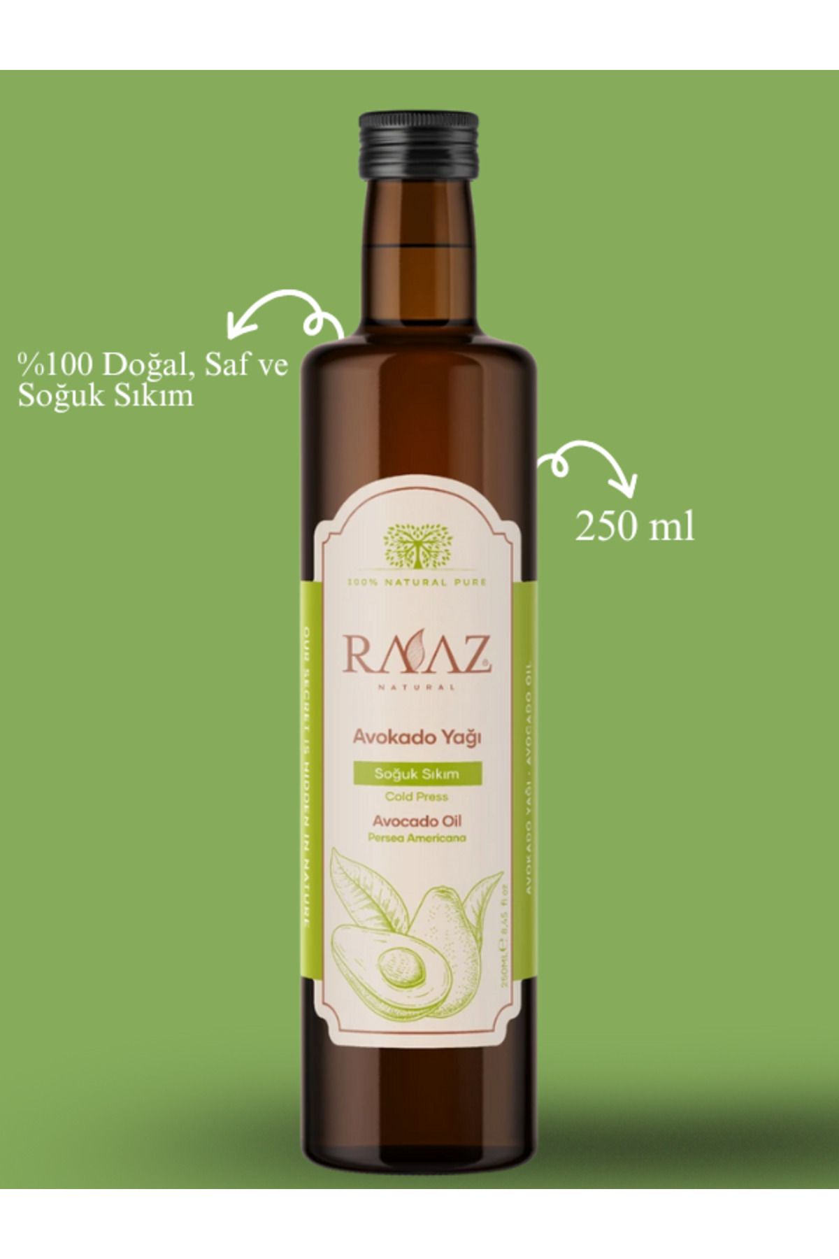 RAAZ Avokado Yağı 250 ml ( %100 Saf, Doğal Ve Soğuk Sıkım )